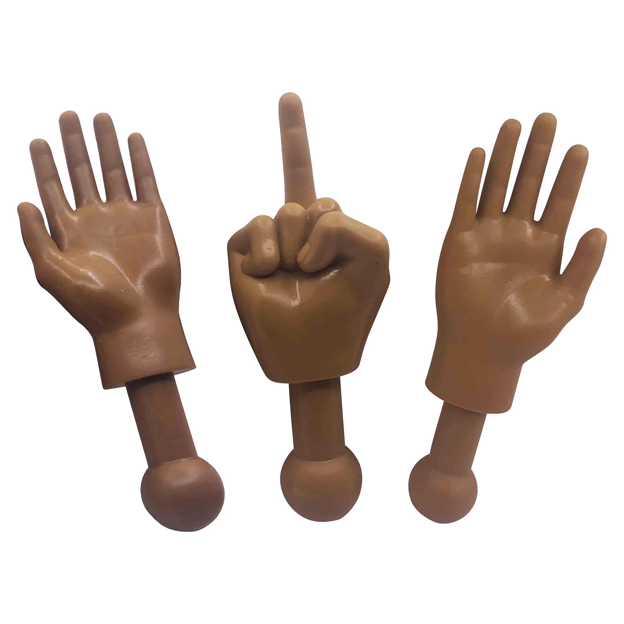 Tiny Hands 4.5-Inch Novelty Toys | Deep Brown Left and Right + Middle Finger Hand | Plastic Puppets with Holding Sticks | Funny Gag Gifts, Figures for Imaginative Playtime
