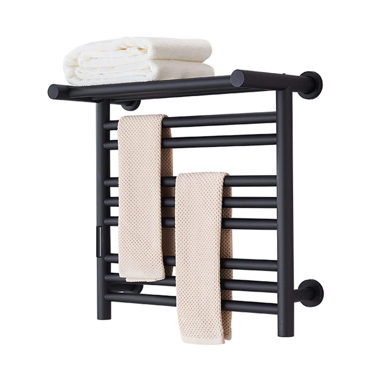 Electric Heated Towel Rail with Timer, 8 Bar Wall Mounted Towel Warmer Drying Rack with Top Shelf, Constant Temperature 304 Stainless Steel Bathroom Towel Radiator, 80W,Black,Hadrwired (Black Hadrwi