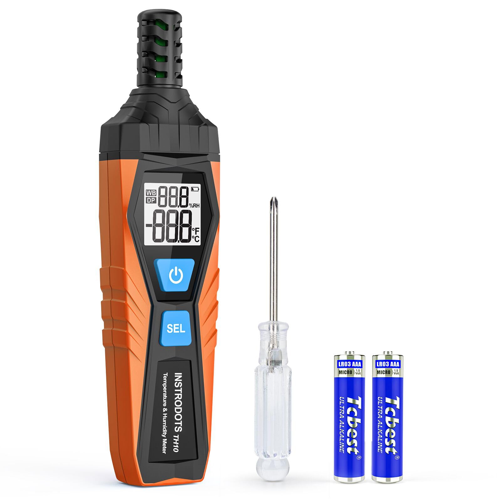 Temperature Humidity Meter, High Precision Thermometer Hygrometer with Ambient, Dew Point, Wet Bulb Thermometer, Dual Display Temperature & Humidity with LCD Backlight, TH10
