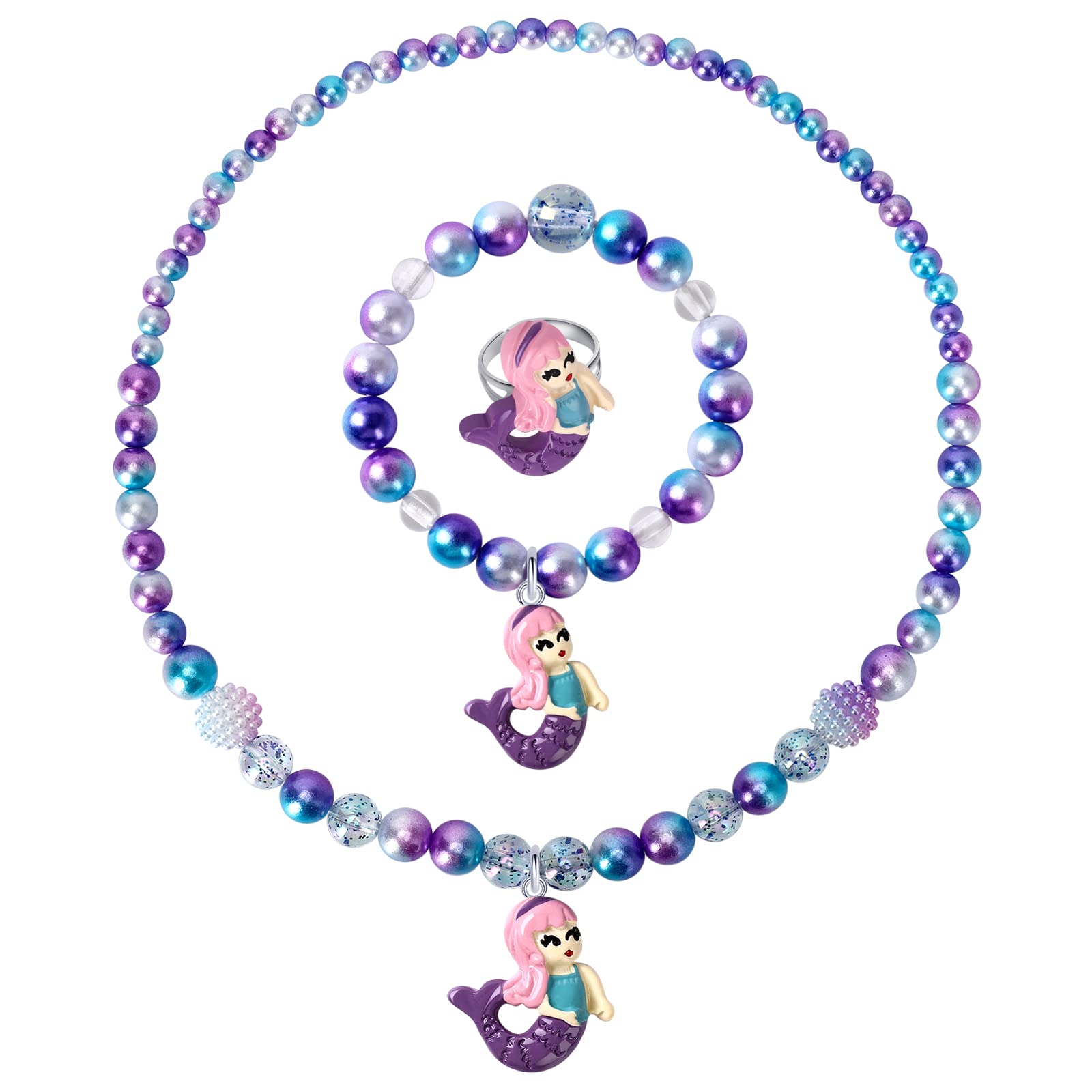 Wingchold Girls Mermaid Necklace, Bracelet, Ring Set - Dress Up Pretend Play Jewelry Gifts for Kids & Toddlers - Mermaid Party Costume Supplies