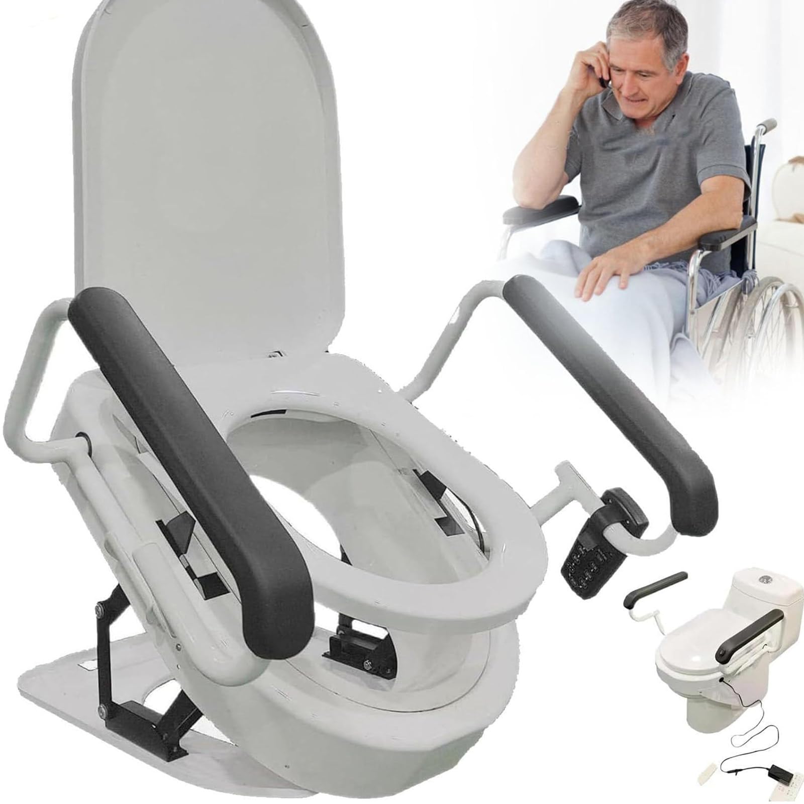 Electric Toilet Seat Raiser with 180° Split Seat and Double Armrests, Seat Heating Function, Supports up to 150kg, Strong Support for Disabled and Elderly Assistance