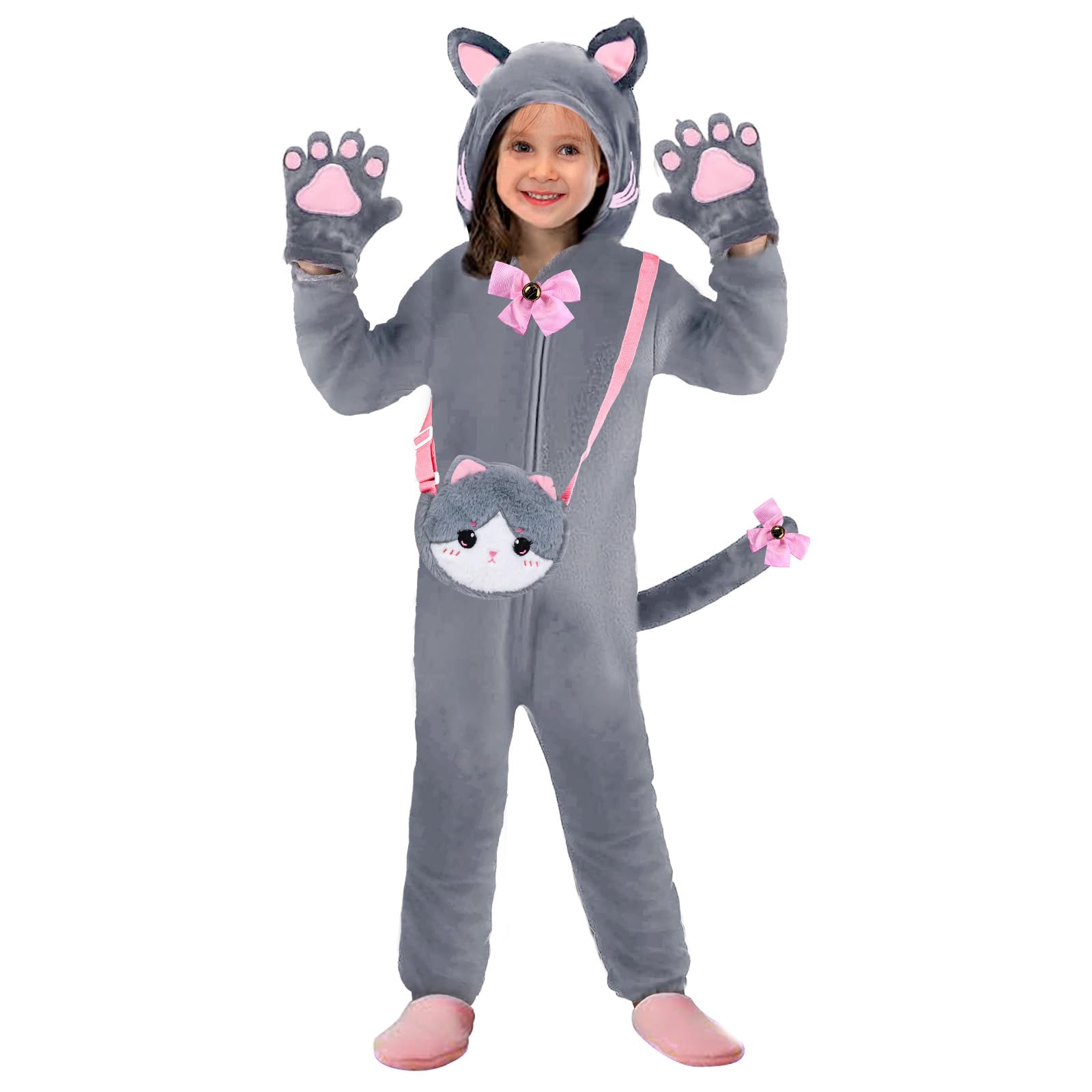 Gifts2U Halloween Cat Costume for Girls, Kids Onesie Costume with Pink Cat Ears, Cat Tail, Paws, Bow Ties and Purse Bag, Gifts for Halloween, Birthday or Any Costume Occasion?5-6Years
