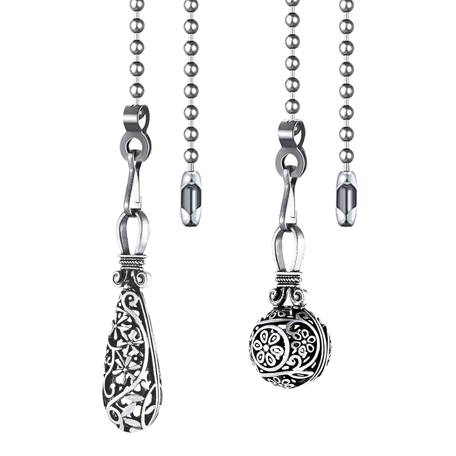 Ceiling Fan Pull Chain Vintage Hollow Fan Danglers,14 Inches Decorative Fan String Pulls Charm Extension, 3mm Diameter Beaded Fan Pull Chains Extender Ornaments with Connector(Silver 2Pack)