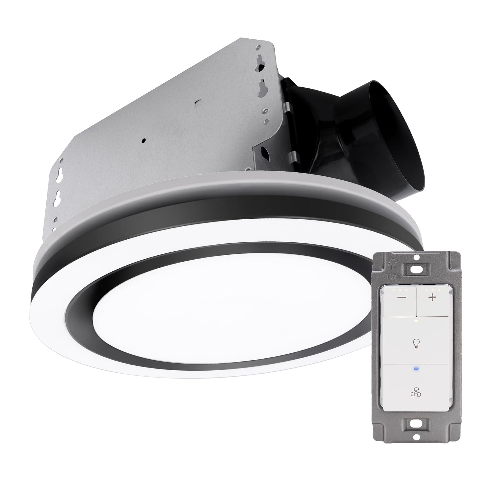 Akicon Exhaust Fan Light with Dimmer Switch, 90 CFM, 1.5 Sones Bathroom Exhaust Fan, 15W Dimmable 3CCT LED Light with 5W Night Light Ventilation fan for Bathroom and Home, Round, Black