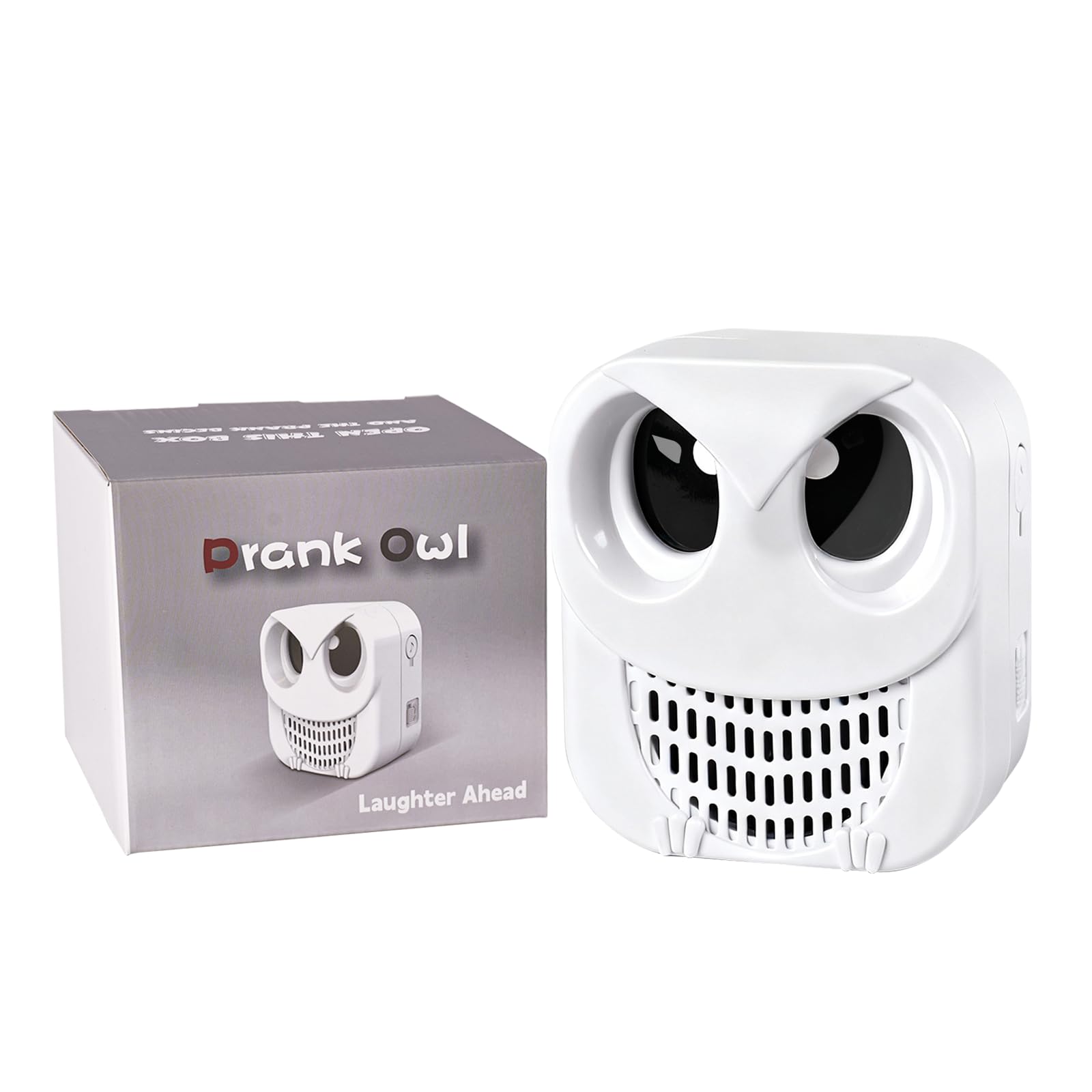 Prank Owl Motion Activated Sound Effects Machine - 360+ Dad Jokes and Hilarious Sounds - Ultimate Gag & Practical Joke Toys for Home Office Party - Laugh Trigger Funny Gifts, White