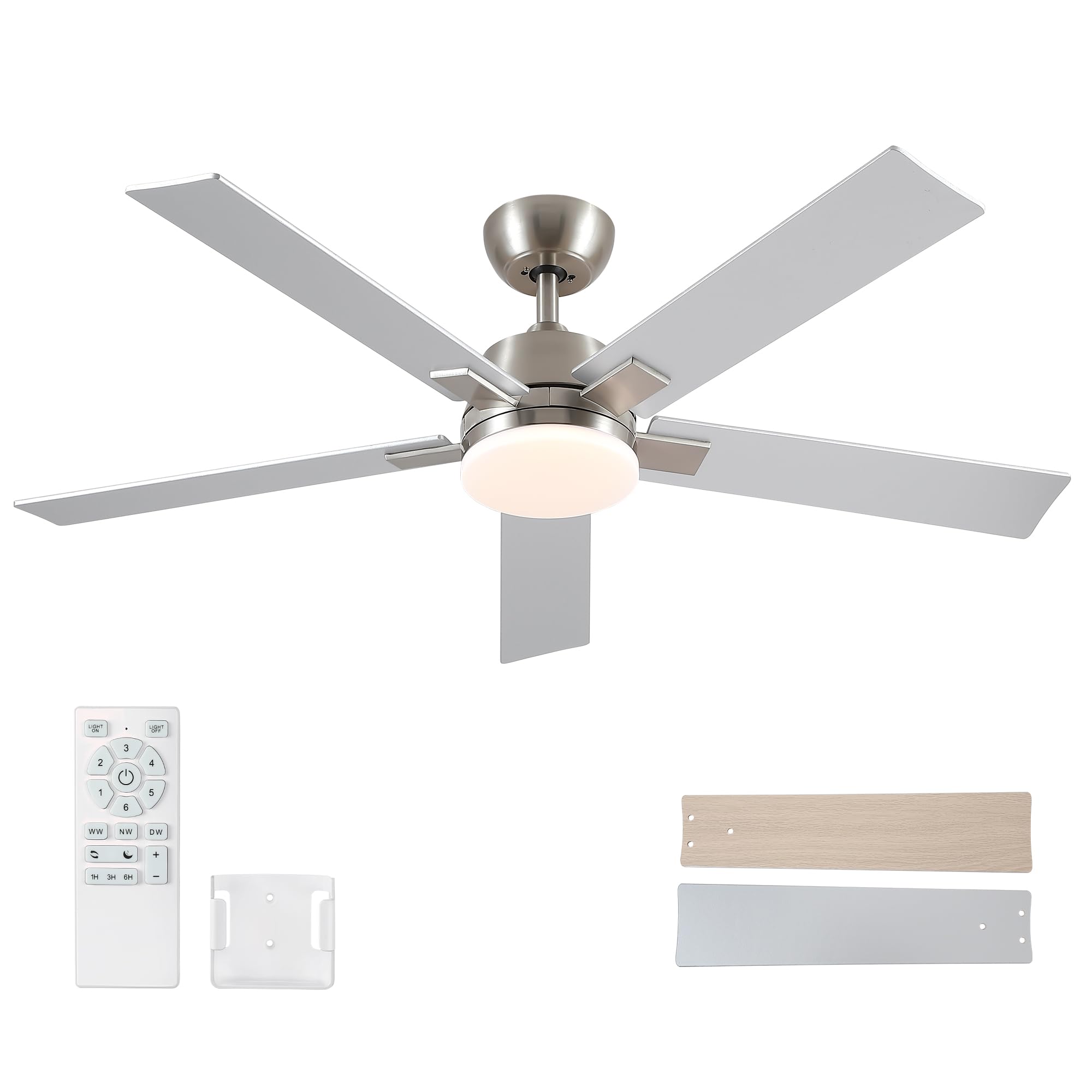 Rayqueen 52Inch Brushed Nickel Ceiling Fans with Lights and Remote,Downrod | 6 Speed Reversible DC motor,3-color temperature dimmable LED.For indoor/covered outdoor.Modern style for bedroom room