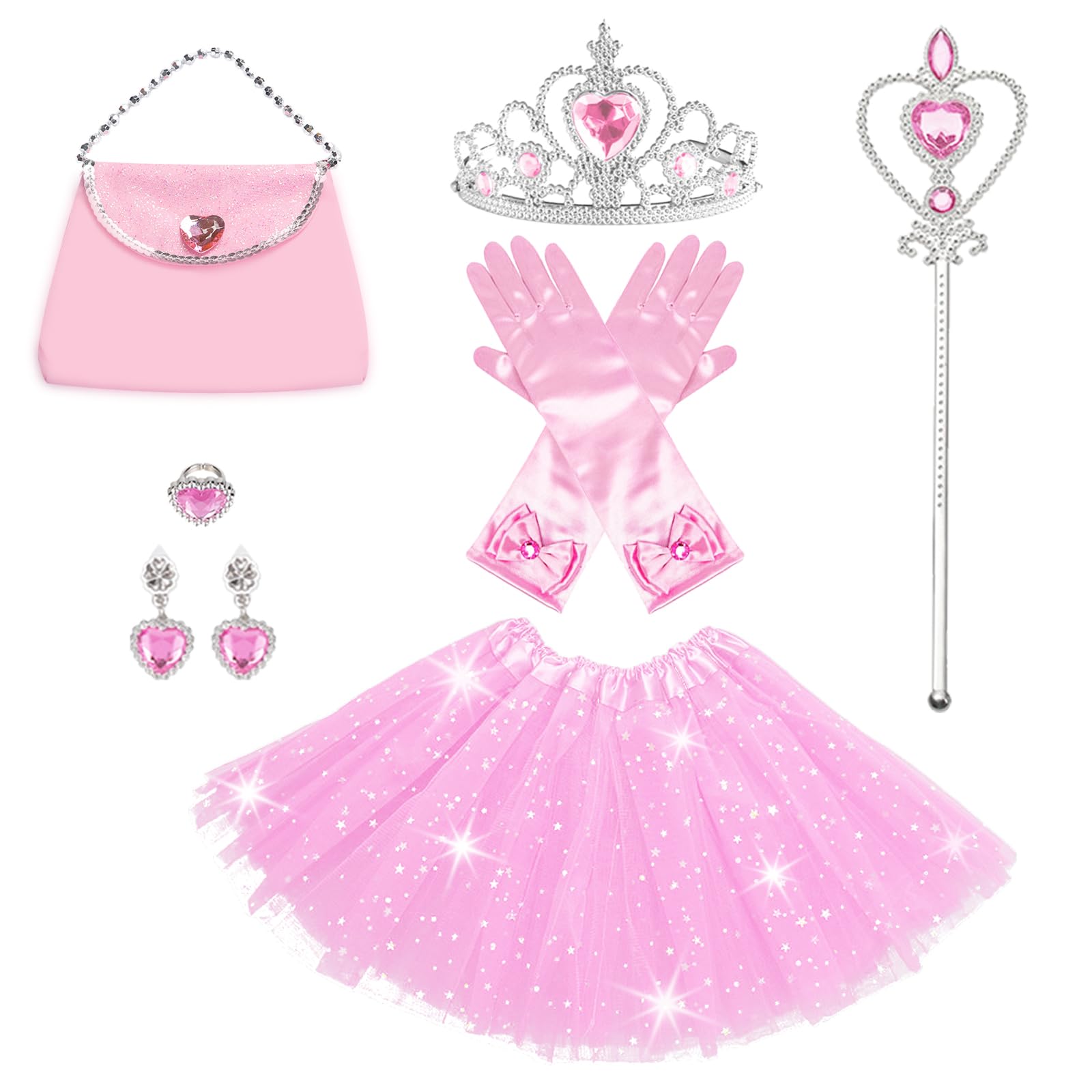 Princess Dress Up Accessories Tulle Skirt Toddler Tutu Costume Toys with Princess Crown Gloves Wand Earrings Ring Handbag 9pcs Girl Role Play Gift Set Birthday Party Favors for 3-8 Years Girls