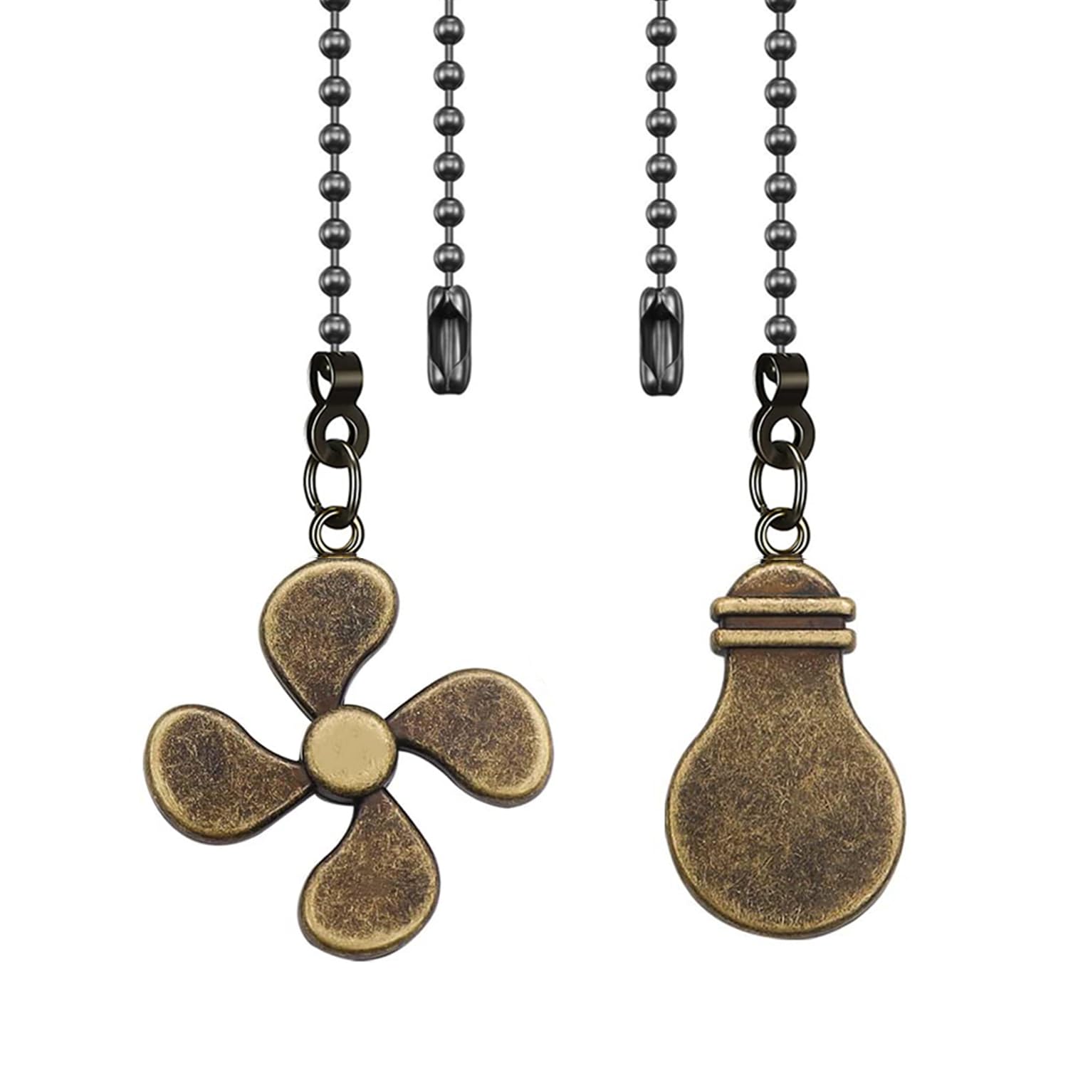 2Pack Metal Ceiling Fan Pull Chain, 12inch Fan & Bulb Pattern Ornaments String Cord Extension, 3mm Ball Chain Decorative Pendant Extender with Connector, Bronze