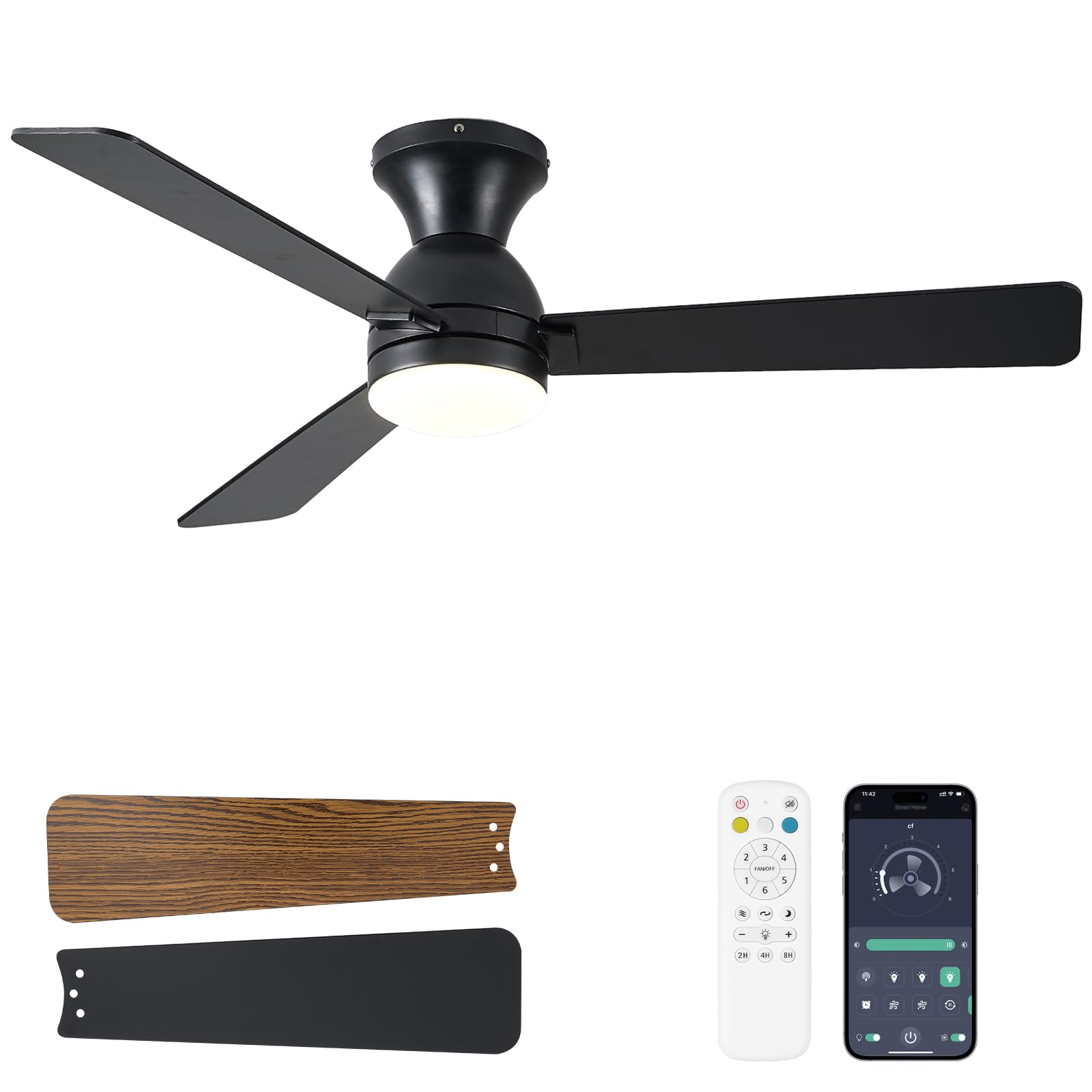 Ceiling Fans with Lights, 48 inch Low Profile Ceiling Fan with Light and Remote Control, Flush Mount, Reversible, 3CCT, Dimmable LED, Noiseless, Black Ceiling Fan for Bedroom, Dining Room