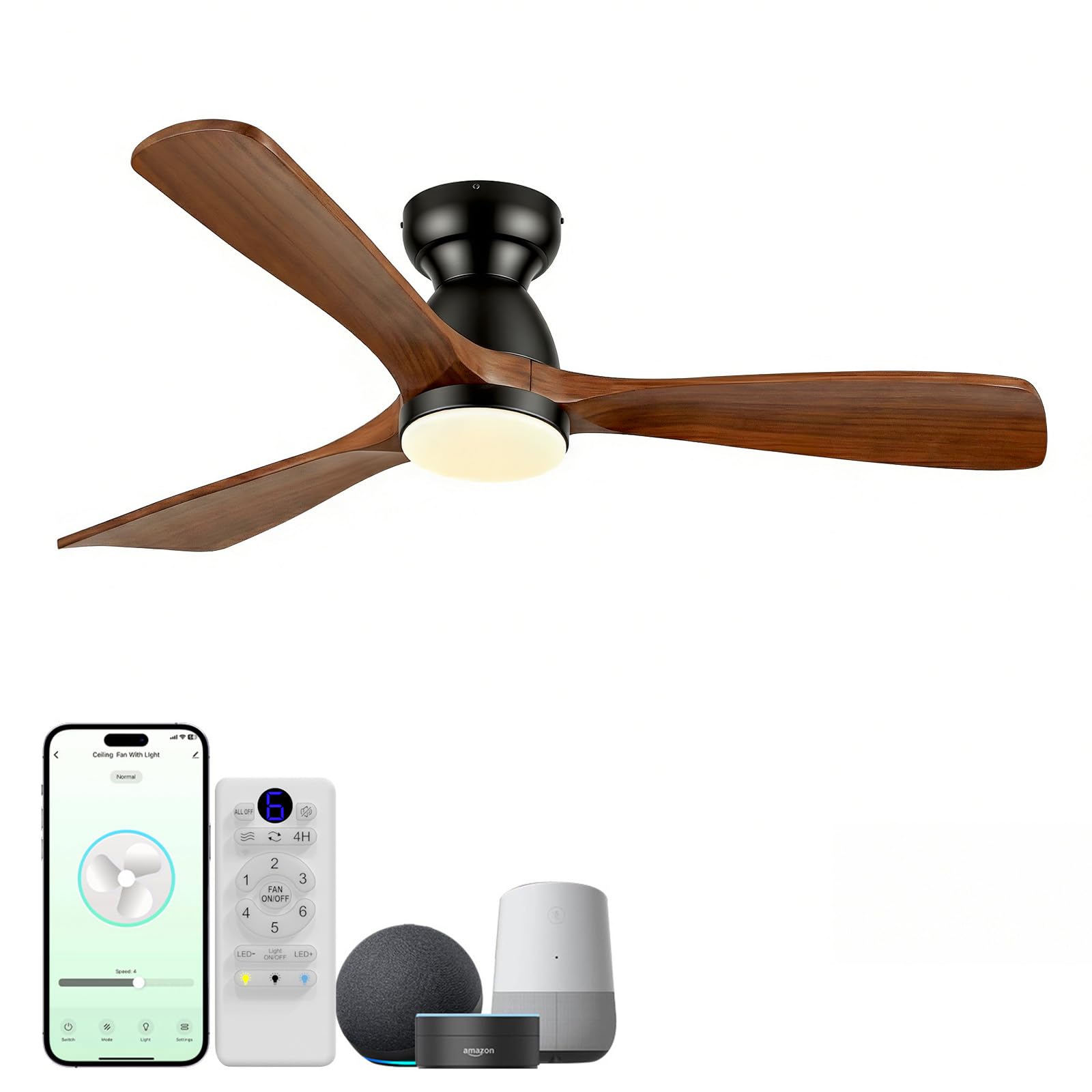 52in Smart Flush Mount Ceiling Fans with Lights,Outdoor Low Profile Wood Ceiling Fan Quiet DC Motor,Work with Alexa/Gg Voice Control/App/Remote,Dimmable,6-speed,3 Wood blades Fan for Patio,Dark Walnut