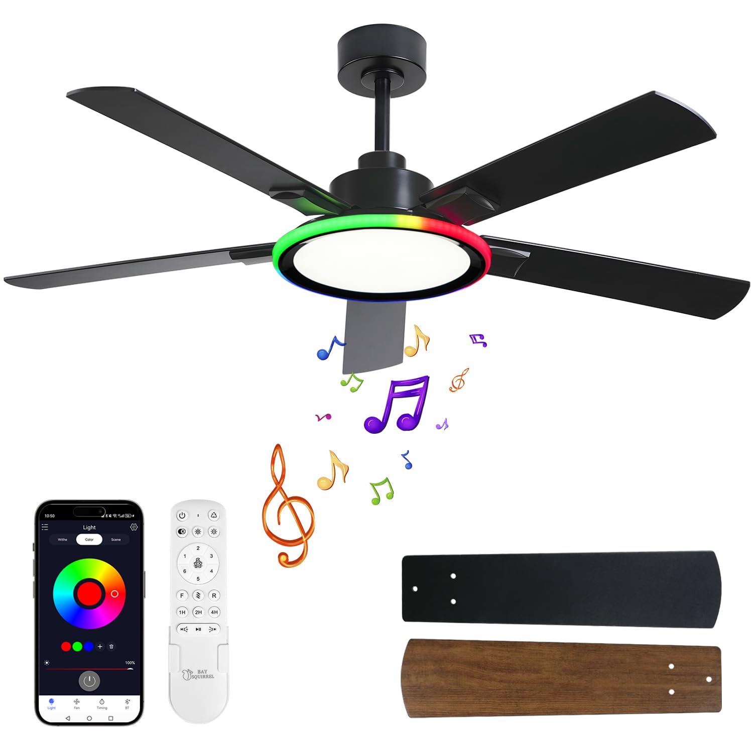 52" Ceiling Fans with Lights,Bluetooth Ceiling Fan with Speaker,6-Speed Reversible Motor,Full-Spectrum Adjustable Lighting,Edge Ambient Lights,Low Profile Ceiling Fan with Light and Remote/App Control