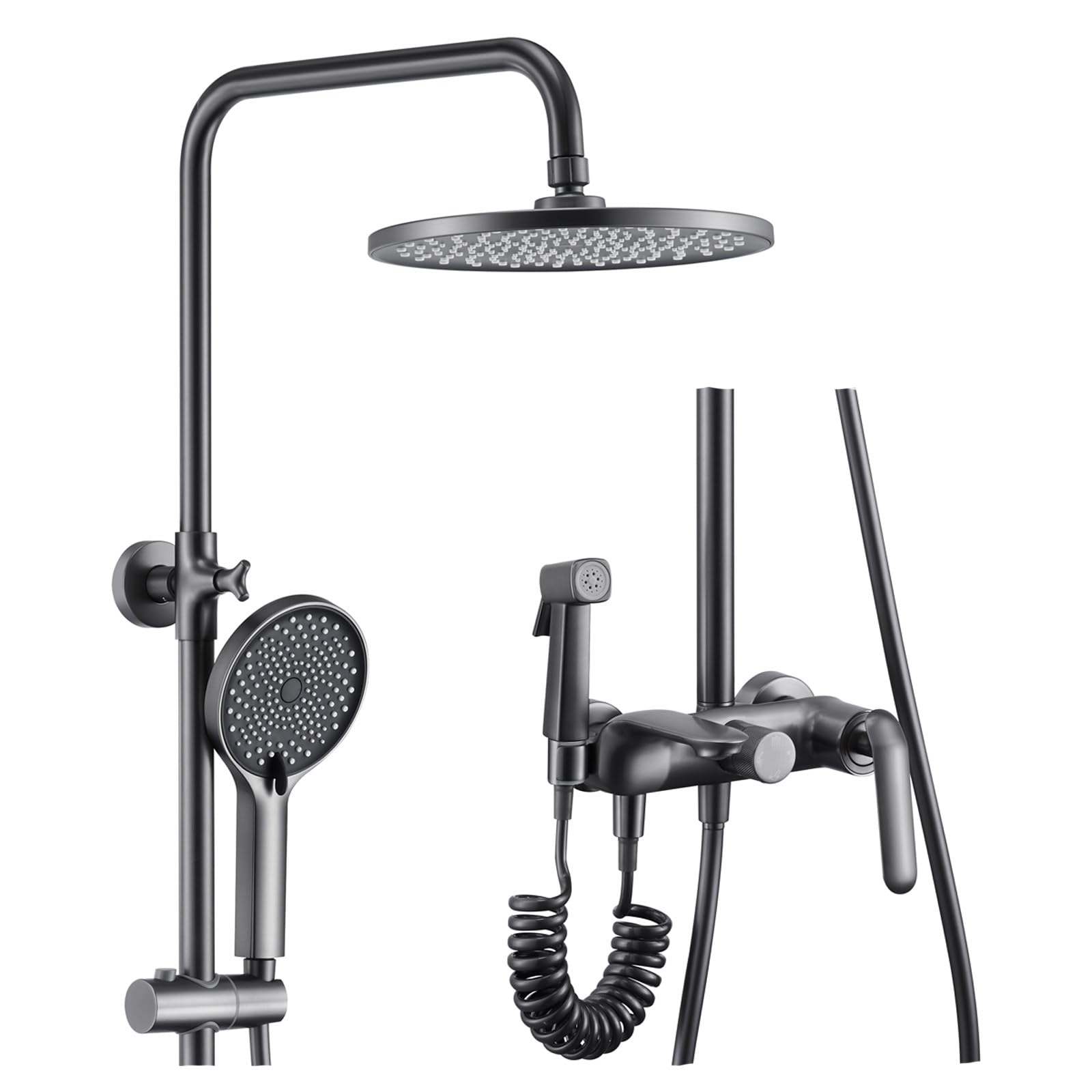 Shower System, Gray Shower Faucet Set 4 Functions Shower Fixtures Brass Bathroom Shower Faucet Set with Handheld Sprayer of 3 Modes, Round Rain Shower Head, Bathtub Spout, Bidet Sprayer