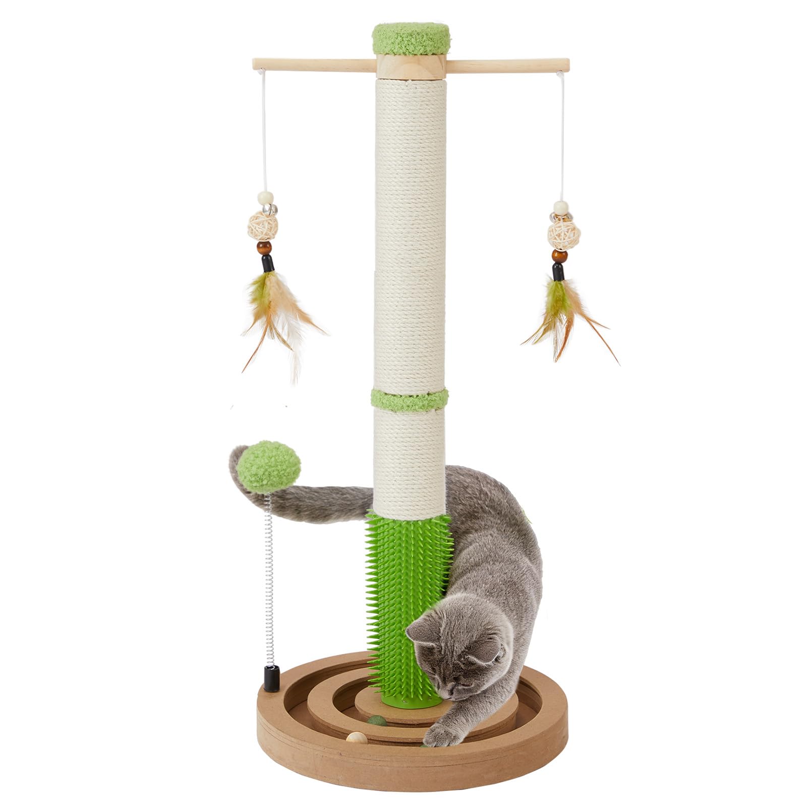 Cat Scratching Post, 26 Inch Tall Scratching Posts for Indoor Small Cats and Kittens, Sisal Cat Scratch Post with Hanging Toys, Rubber Brush and Double-Layer Interactive Wooden Ball Track