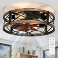 Farmhouse Caged Ceiling Fan with Light Flush Mount, Small Fandelier Low Profile Ceiling Fan with Light, Rustic Bladeless Ceiling Fans with Lights and Remote for Kitchen, Bedroom, 6 Speeds