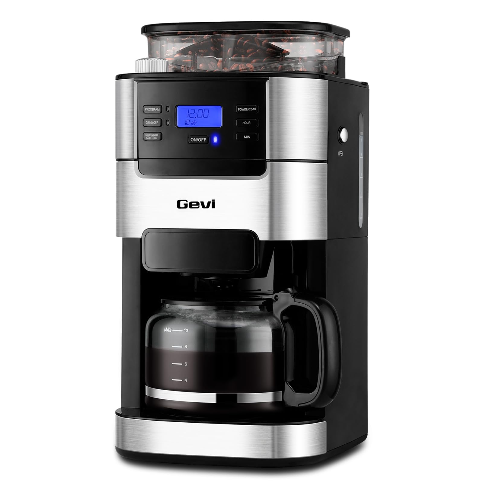Gevi 10-Cup Drip Coffee Maker with Burr Grinder | Programmable Timer, 1.5L Water Tank, Reusable Filter, Warming Plate, All-in-One Brew & Grind Coffee Machine