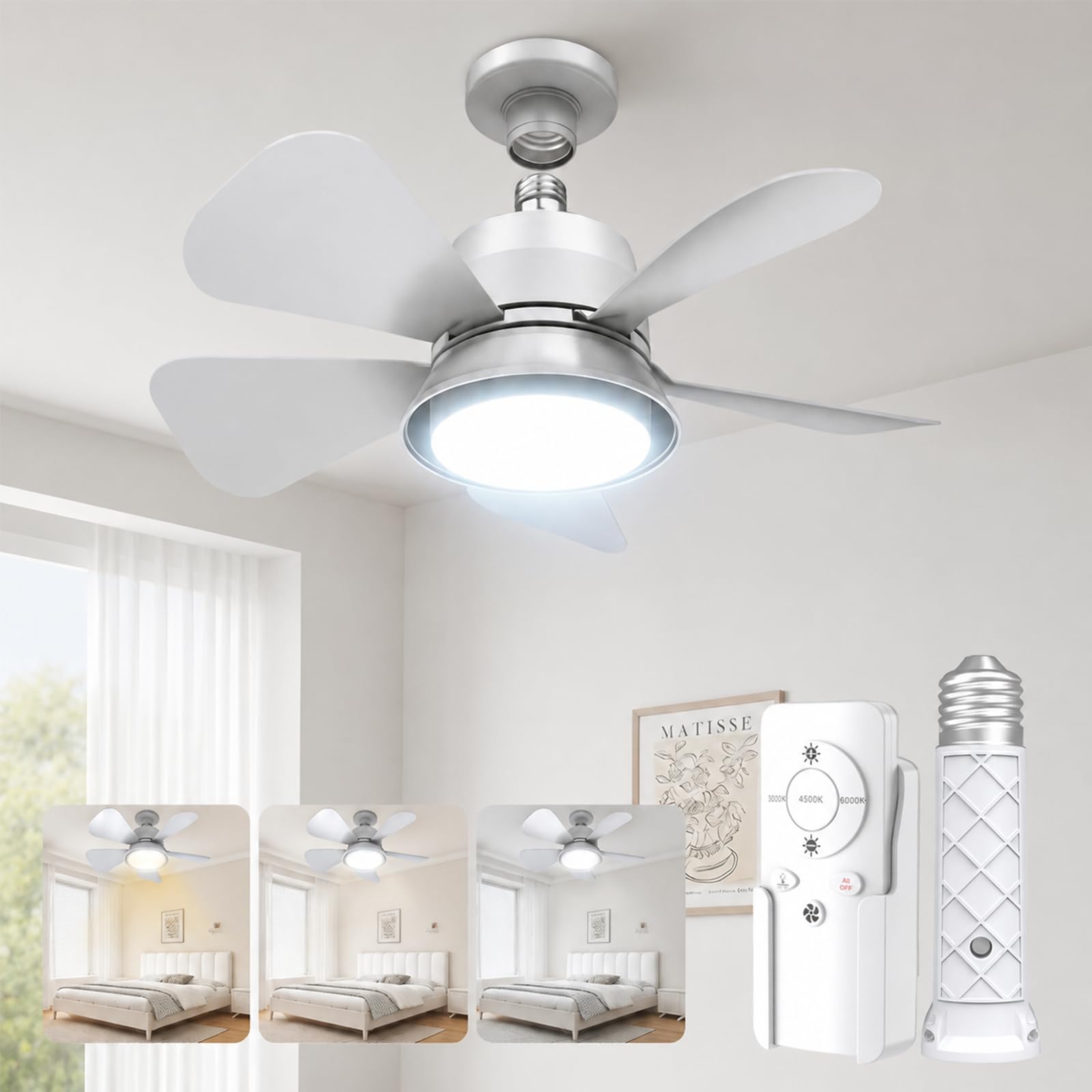 Socket Fan Light with Remote – Small Ceiling Fan with Light, 3 Colors, 5 Dimmable Levels, 1000LM LED, Fits Standard E26/E27 Sockets for Bedroom, Kitchen, Garage, Living Room