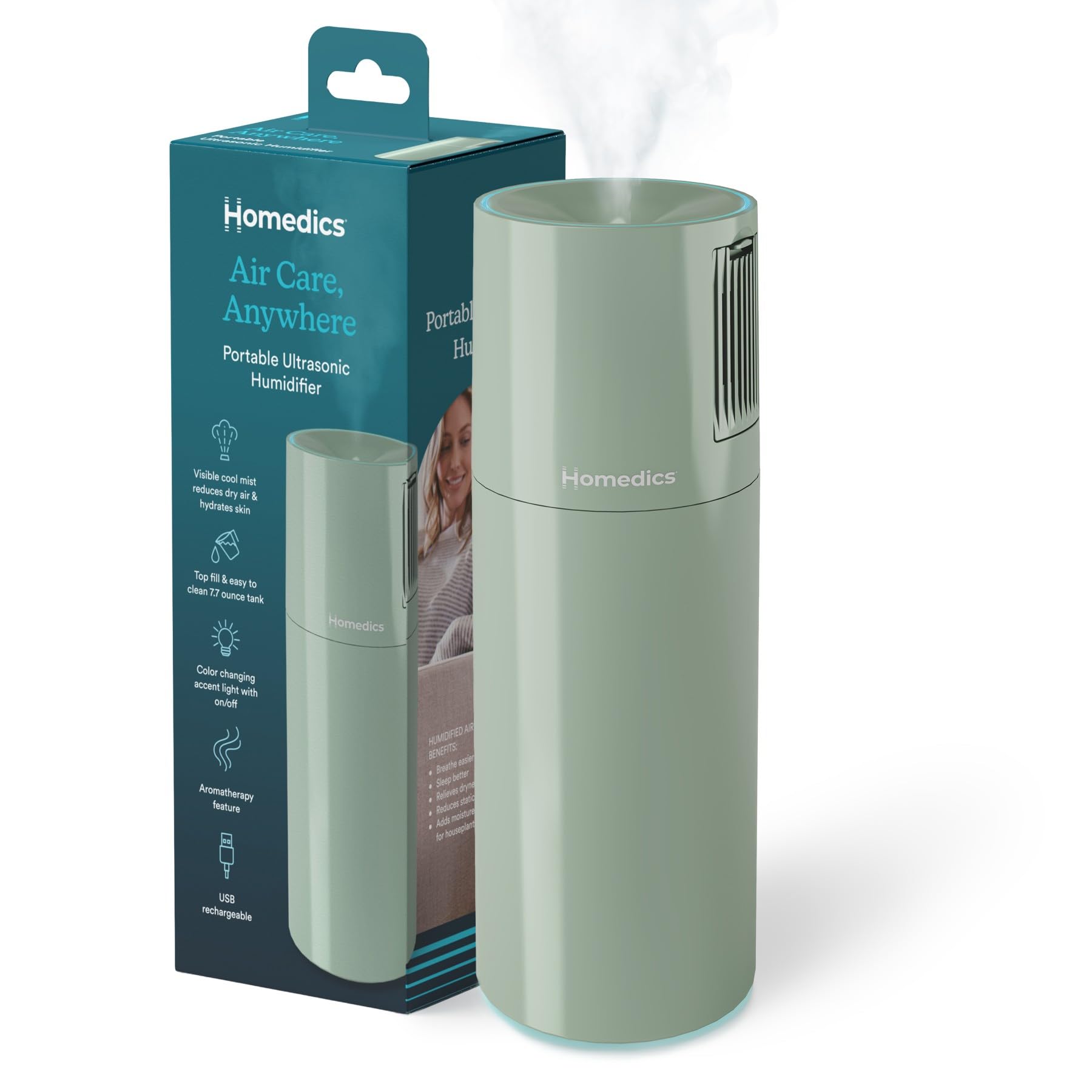 Homedics Portable Ultrasonic Humidifier, USB Rechargeable Aromatherapy Cool Mist Humidifier with 7.7 oz Easy-Fill Tank, Continuous & Intermittent Mist, 7-Color Nightlight, Auto Shutoff (Green Sage)