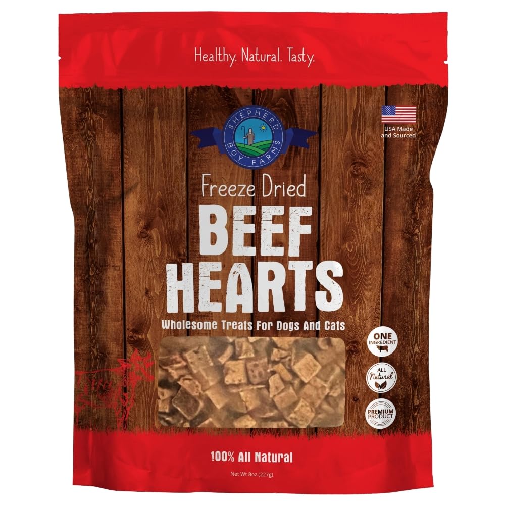 Shepherd Boy Farms Freeze Dried Dog and Cat Treats, Beef Heart, All Natural Single Ingredient Freeze-Dried Dog Treat & Snacks, Made in USA, High Protein, Essential Nutrition of Raw Food, 8oz