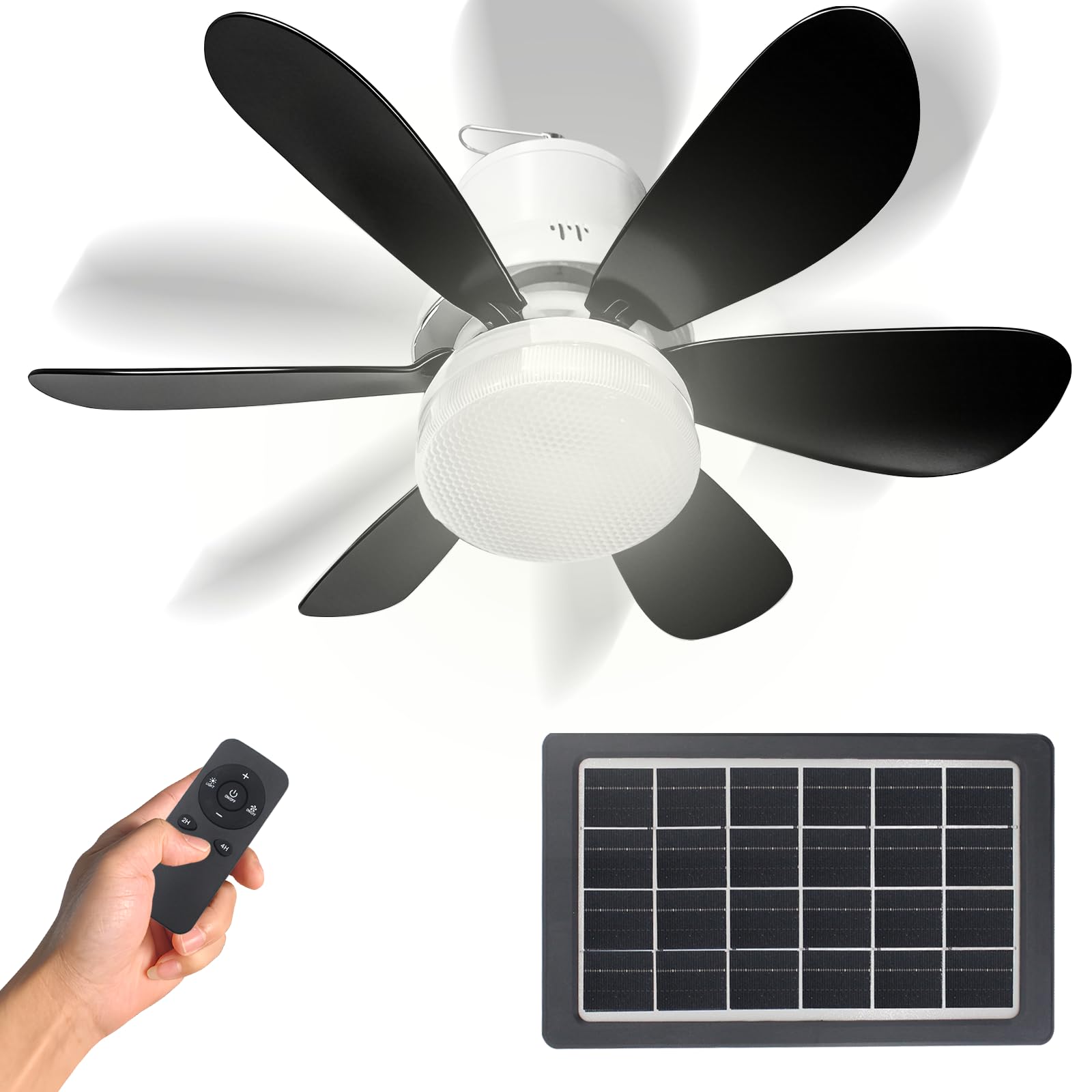 17.3in Solar Ceiling Fan Light ,Small Solar Powered Rechargeable Ceiling Fan, 3 Color Light?Remote Control(NO Batteries),Built in 10000mah Battery for Outside Gazebo Canopy Tent, Chicken Coop ,Camping