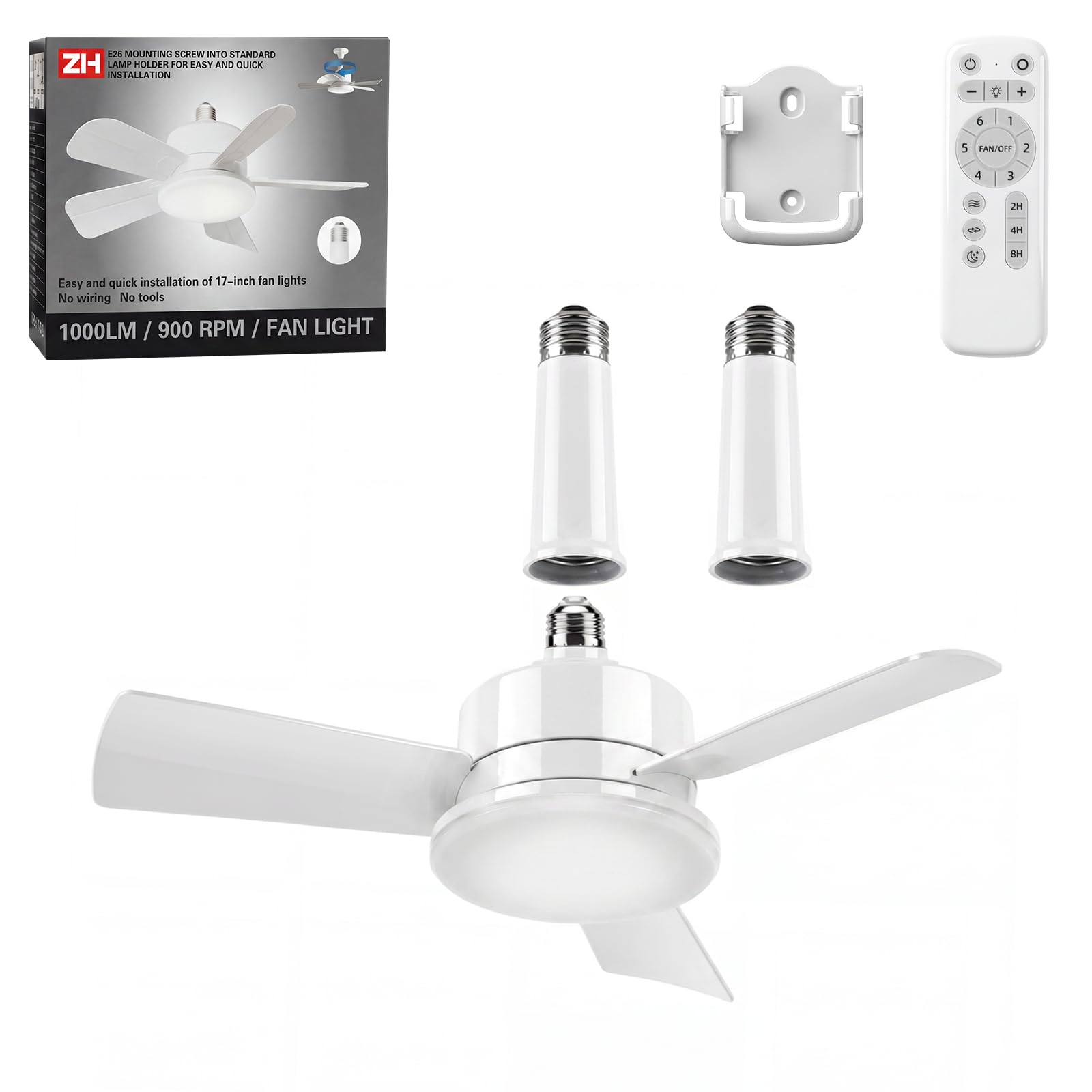Socket Fan Light with Remote,3 Colors 3000K-6500K Dimmable LED Light Bulb Fan for E26/E27 Base,Small Ceiling Fan with Socket Extender,Screw in Small Ceiling Fan for Bedroom Living Room Kitchen,White