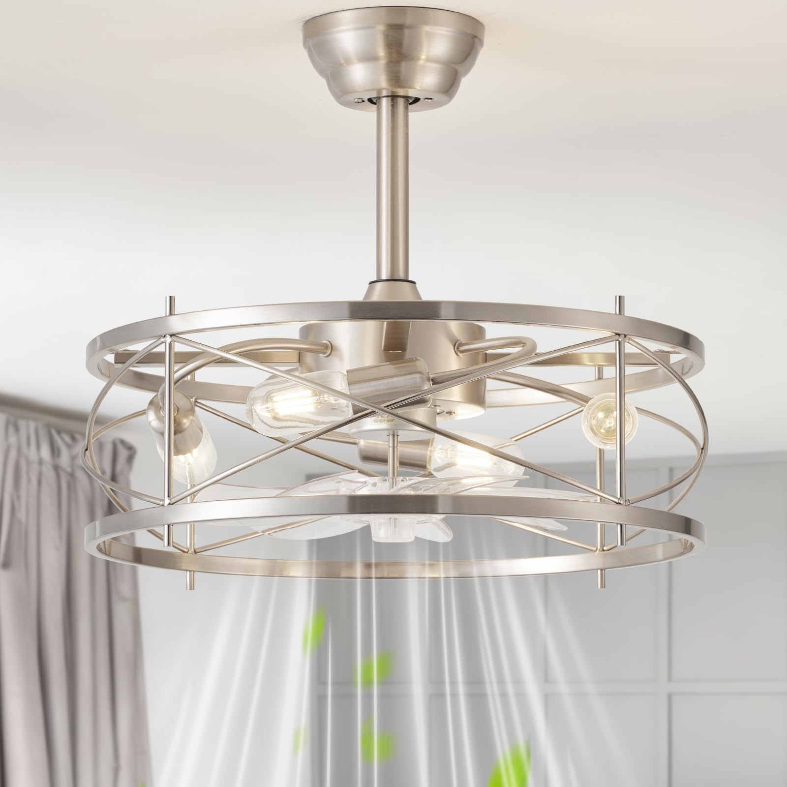 20" Farmhouse Fandelier Ceiling Fan with Light, Caged Bladeless Ceiling Fans with Lights and Remote, Rustic Small Enclosed with 6 Speeds for Bedroom, Kitchen, Living Room, Silver