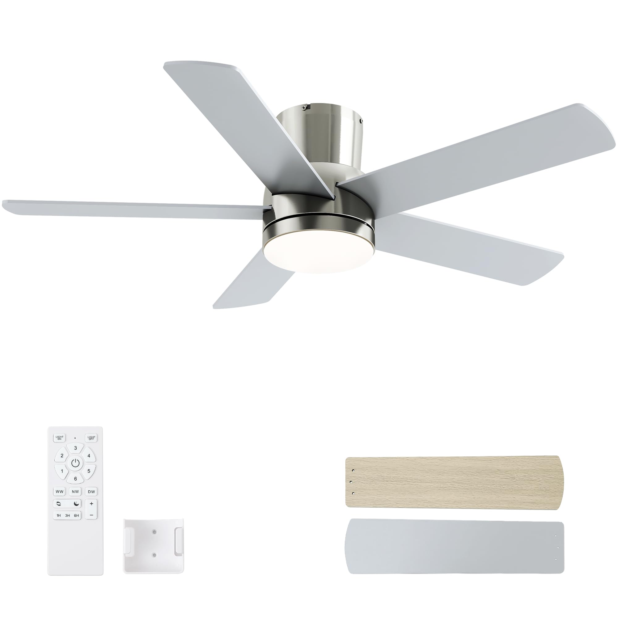 42 Inch Brushed Nickel Ceiling Fan with Light, Flush Mount and Remote Control, Dimmable 3-Color Temperature LED, 6-Speed Reversible DC Motor, 5-Blade Modern Design for Indoor or Outdoor