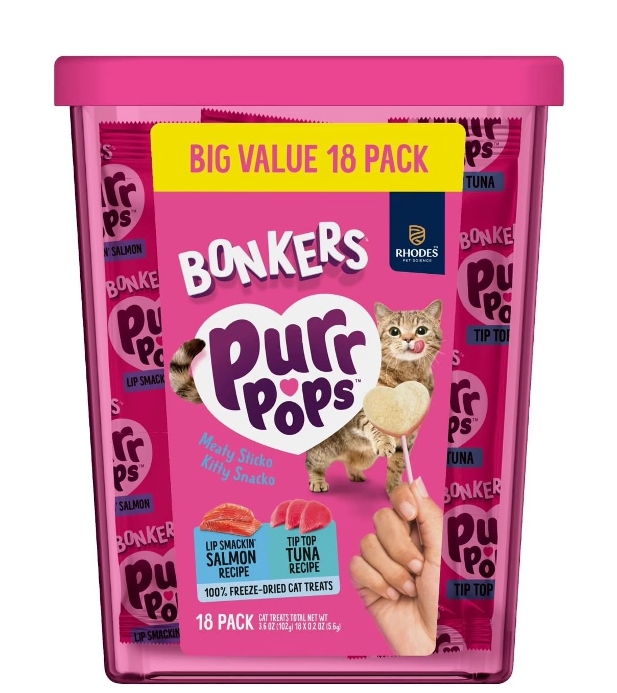 Bonkers Purrpops Freeze-Dried Cat Treats, 2-18 Pack Variety Bundle with Salmon & Tuna, Catnip & Chicken Flavors, Plus 2 Cat Pom Pom Balls Toy