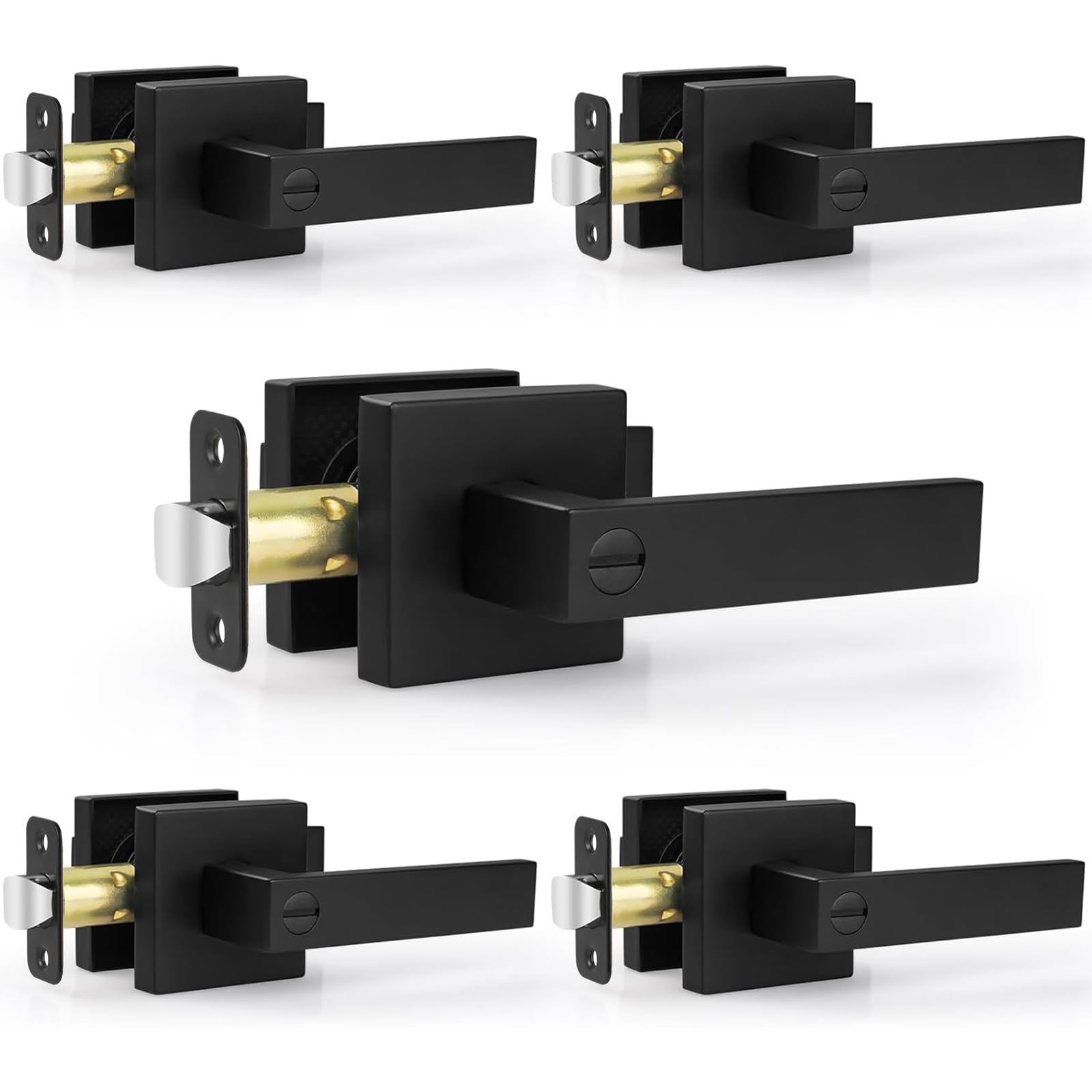 Estmoon 5 Pack Matte Black Door Handles Interior Door Knobs, Keyless Privacy Bedroom Door Lock, Heavy Duty Zinc Alloy Home Improvement Door Leverset for Bedrooms Bathrooms