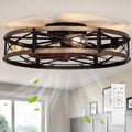 SHLUCE 24" Farmhouse Flush Mount Ceiling Fans with Lights, Caged Low Profile Enclosed Ceiling Fans with Lights and Remote, Rustic Large Bladeless Ceiling Fan with Light for Bedroom, Kitchen - ETL