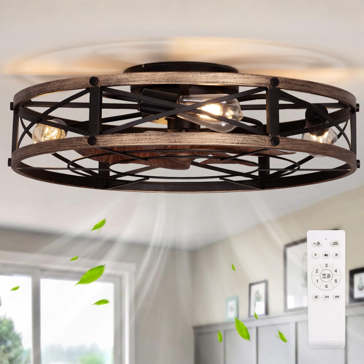 SHLUCE 24" Farmhouse Flush Mount Ceiling Fans with Lights, Caged Low Profile Enclosed Ceiling Fans with Lights and Remote, Rustic Large Bladeless Ceiling Fan with Light for Bedroom, Kitchen - ETL