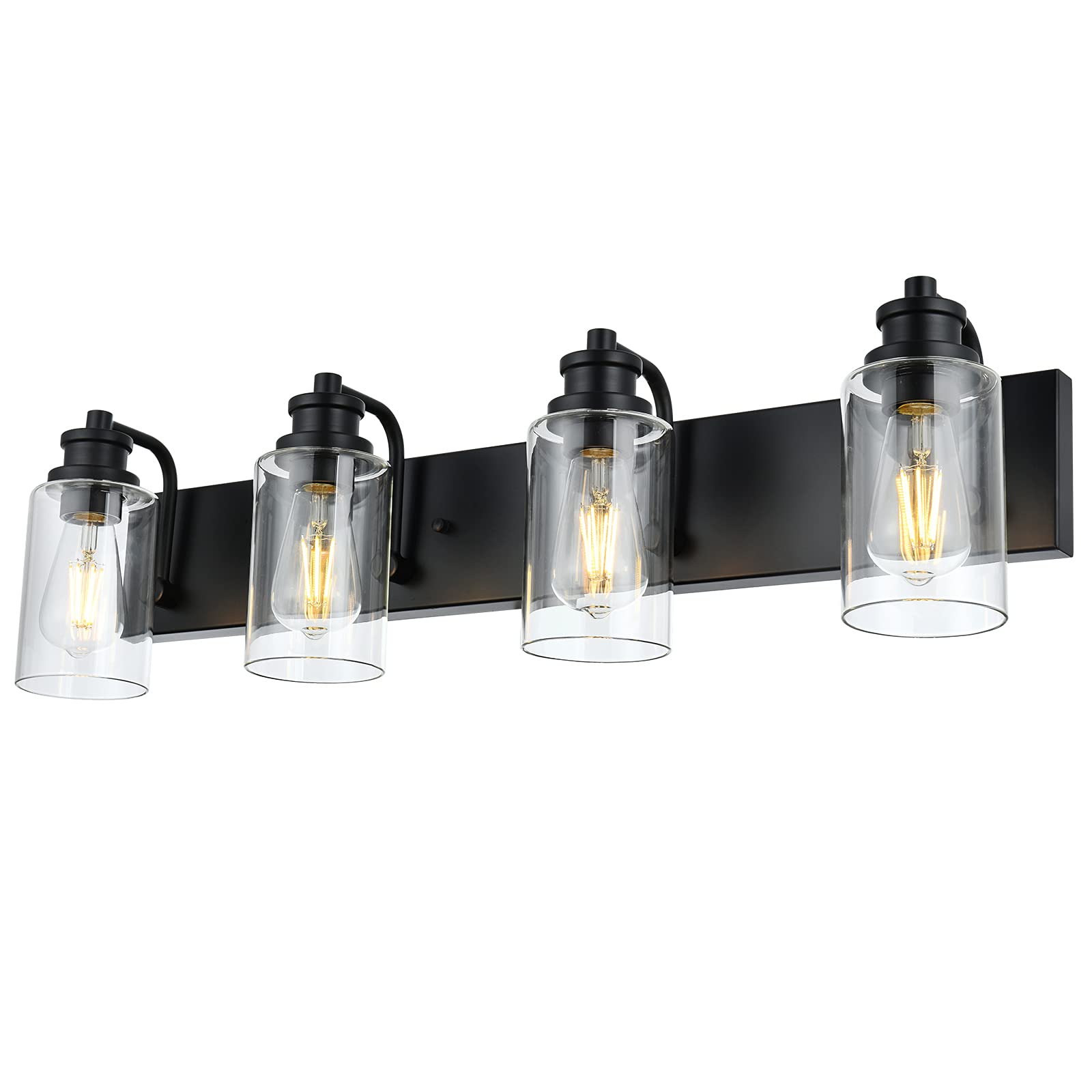 4-Light Bathroom Vanity Light, 28" Black Bathroom Lighting Fixture with Clear Glass Shades, Modern Wall Lamp for Bathroom Mirror, Bedroom, Hallway, Living Room, Cabinet
