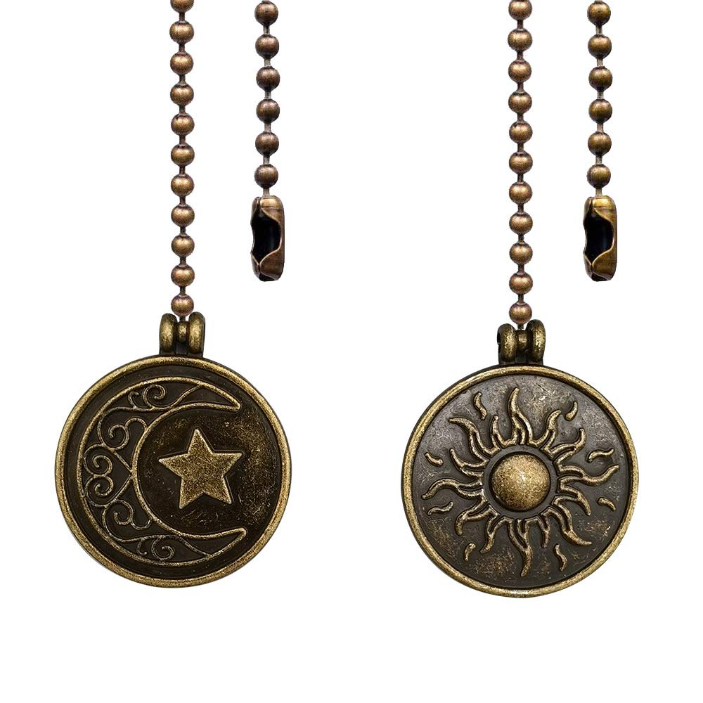 Copper Ceiling Fan Pull Chain Moon & Sun, 2Pack Decorative Totem Pull Charm Pendant Extension, 12 Inches Lighting & Fan Beaded Ball String Extender Ornament with Connector
