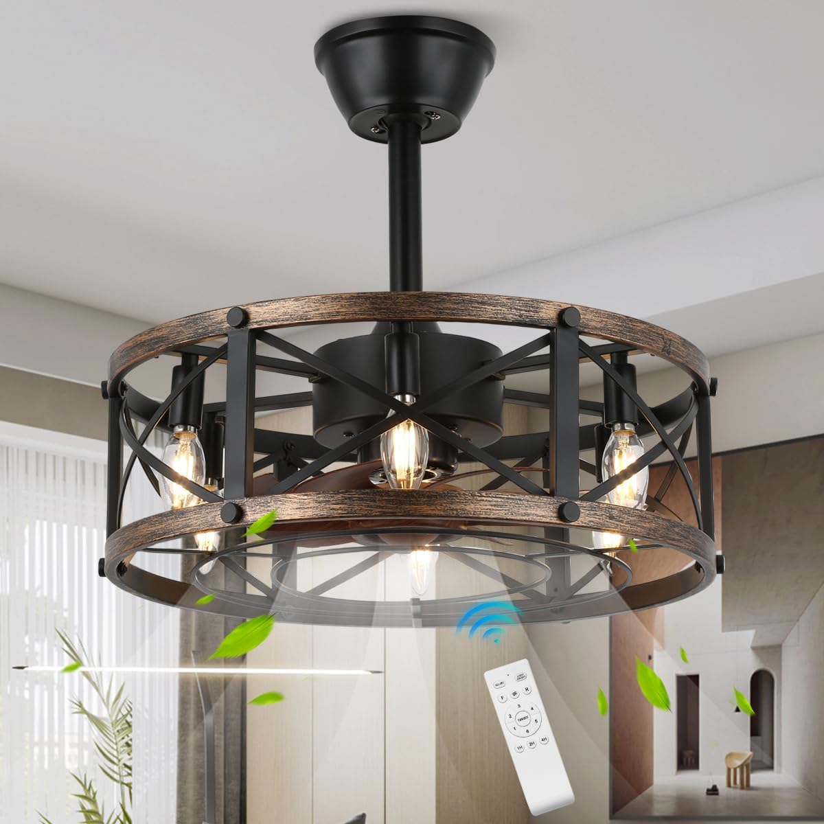 SHLUCE 19" Farmhouse Fandelier Ceiling Fan with Light, Caged Bladeless Ceiling Fans with Lights and Remote, Modern Small Enclosed Ceiling Fans with Lights for Living Room, Bedroom, Black - ETL