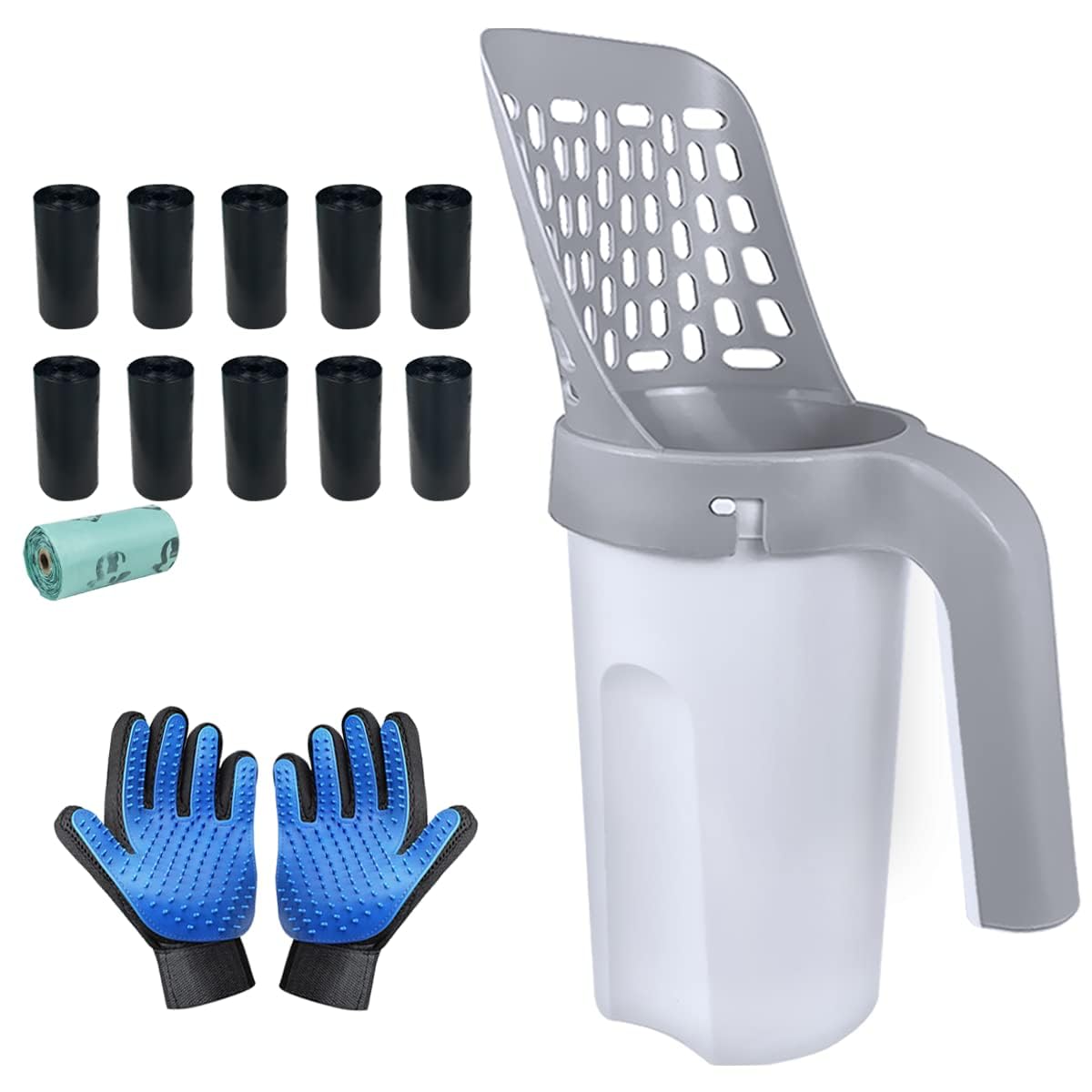 Cat Litter Scoop, Litter Scooper with Holder Removable Manure Sieve Scoop, Large Capacity Cat Litter Scooper Comes with 215 Bags and A Pair of Cat Brush for Shedding Gloves.