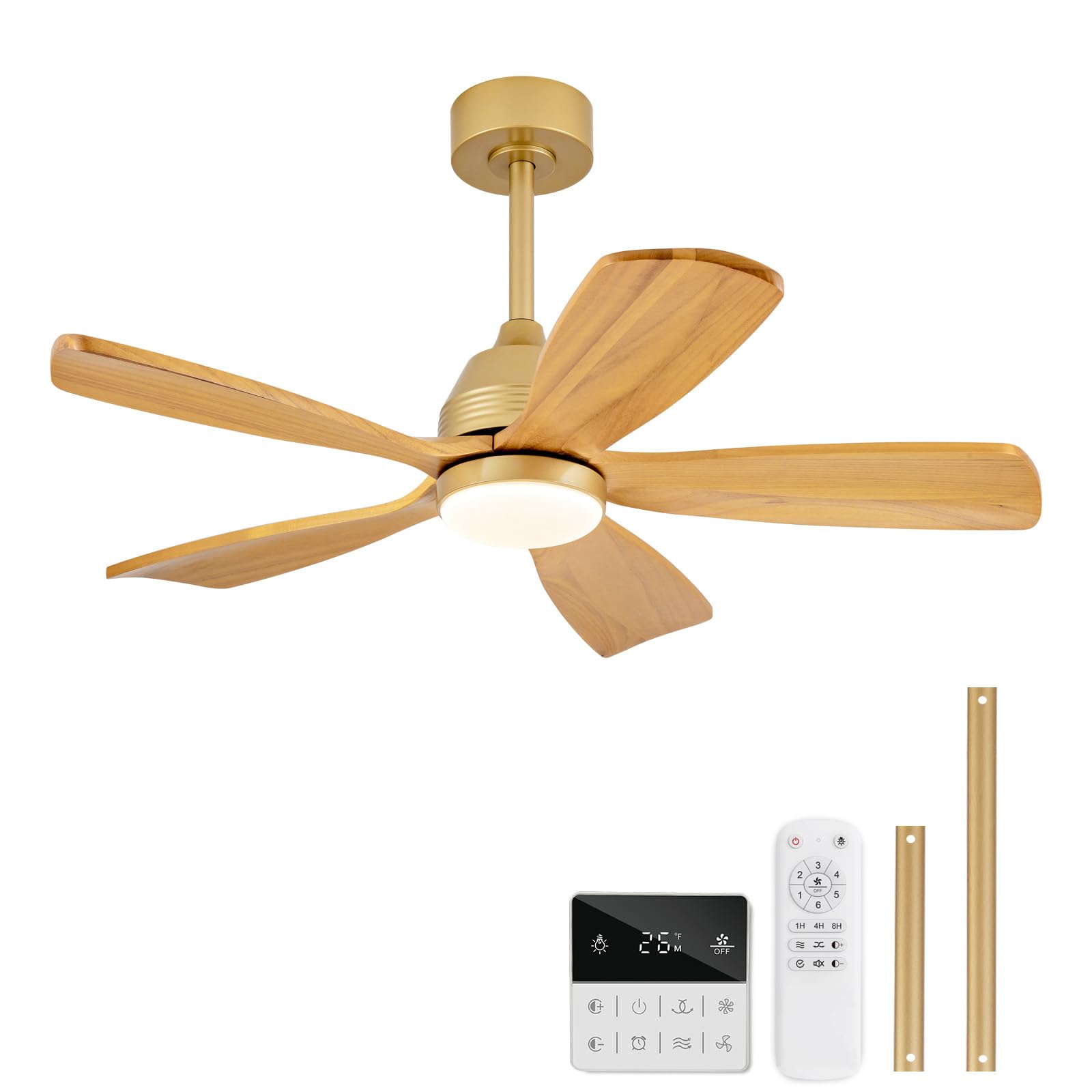 42 Inch Ceiling Fans with Lights and Remote, 5 Blades Wood Ceiling Fan with Light, Dimmable, Wall Switch, Reversible DC Motor, Modern Indoor Outdoor Ceiling Fans for Patios Bedroom (Gold)