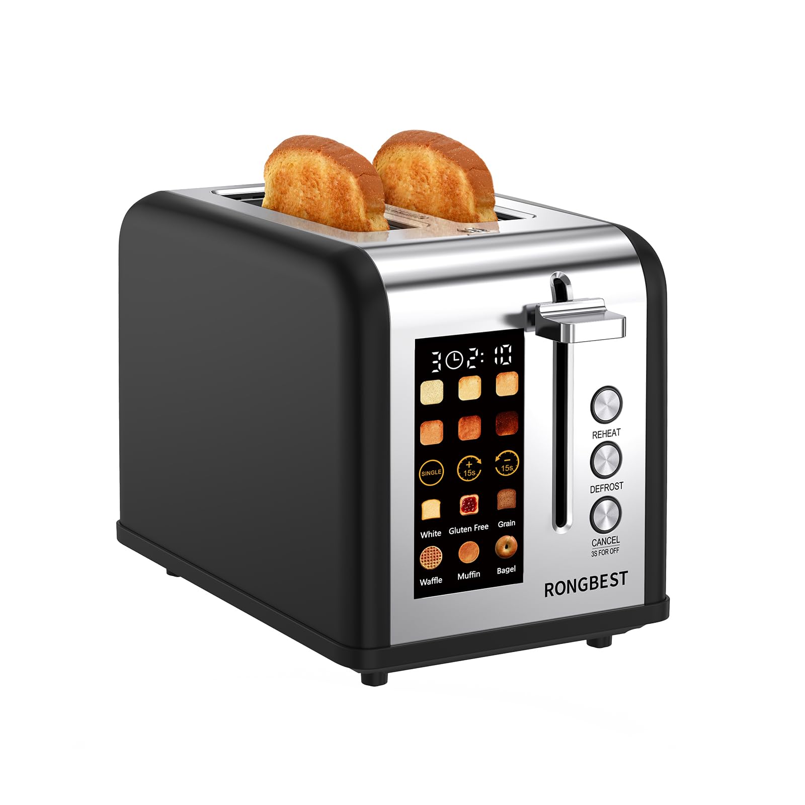 2 Slice Touch Screen Toaster Stainless Steel with Wide Slots for Family Breakfast, Even Toasting for Bagels & Bread, Defrost & Reheat, Easy Removable Crumb Tray, Matt Black