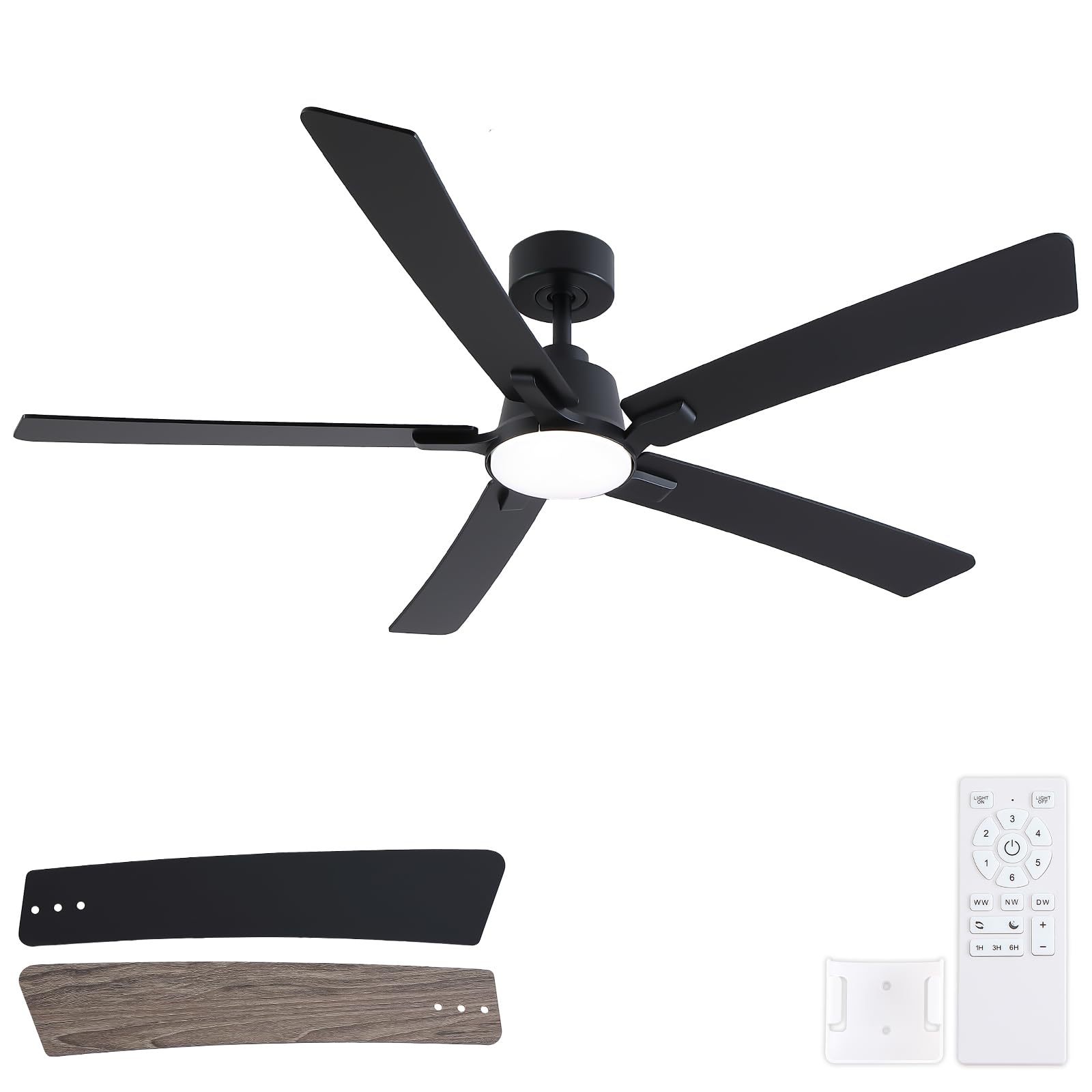60 Inch Black Ceiling Fans with Lights and Remote, Downrod Style with 5 Blades, Modern Design For Indoor Bedroom Living Room/Outdoor Covered Patio, 6 Speed Reversible DC Motor, 3CCT Dimmable LED