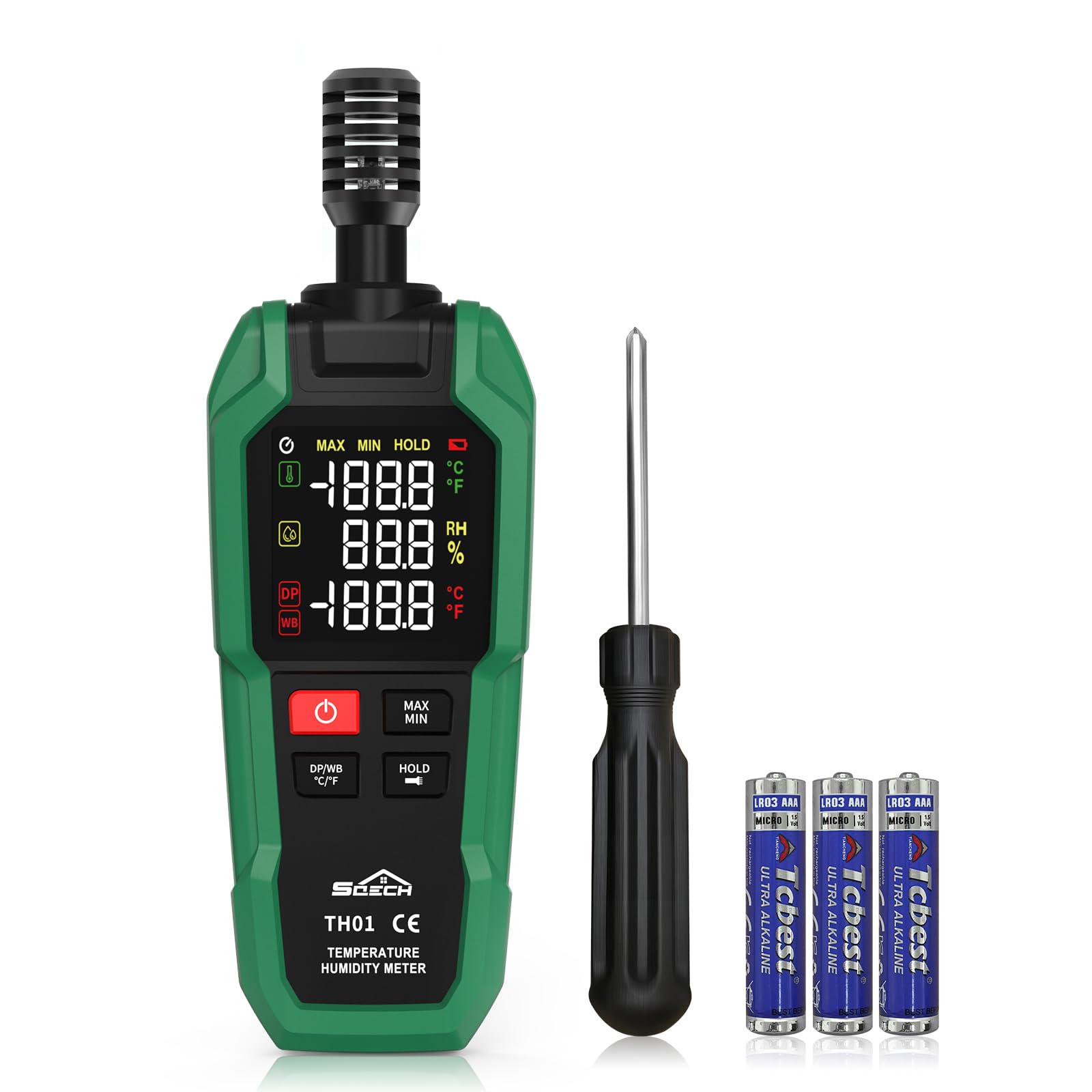 Temperature Humidity Meter, SQECH Digital Hygrometer with Ambient Thermometer,Wet Bulb,Flashlight,Max/Min,Data Hold,High Precision Psychrometer Monitor with Color Backlight for Home Havc