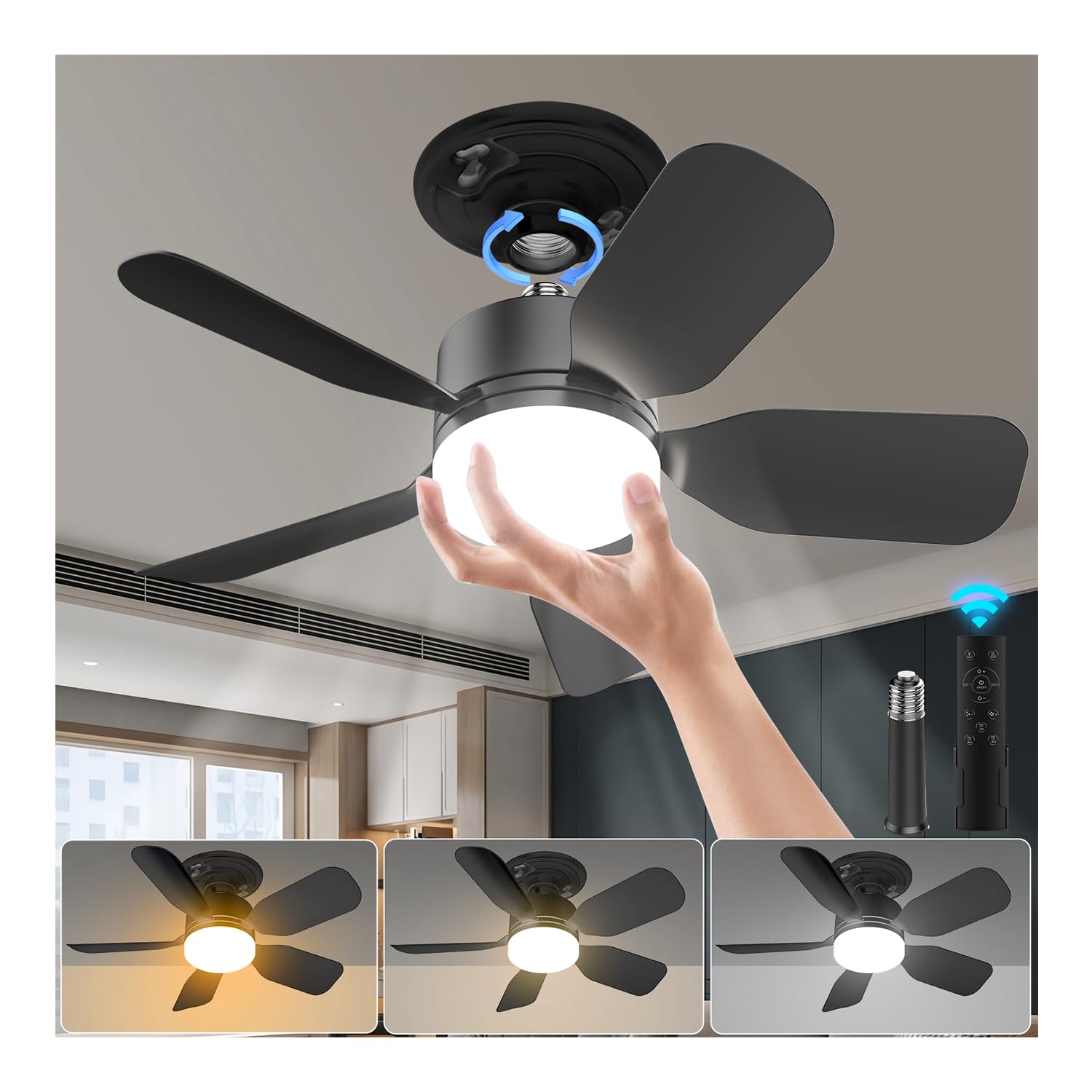 20" Socket Fan Light with Remote, 30W 2000 Lumens, 3 Colors 3000-6000K Small Ceiling Fans with Lights 6 Speed Wind Light Bulb Fan for Bedroom, Living Room, Kitchen, Laundry Room