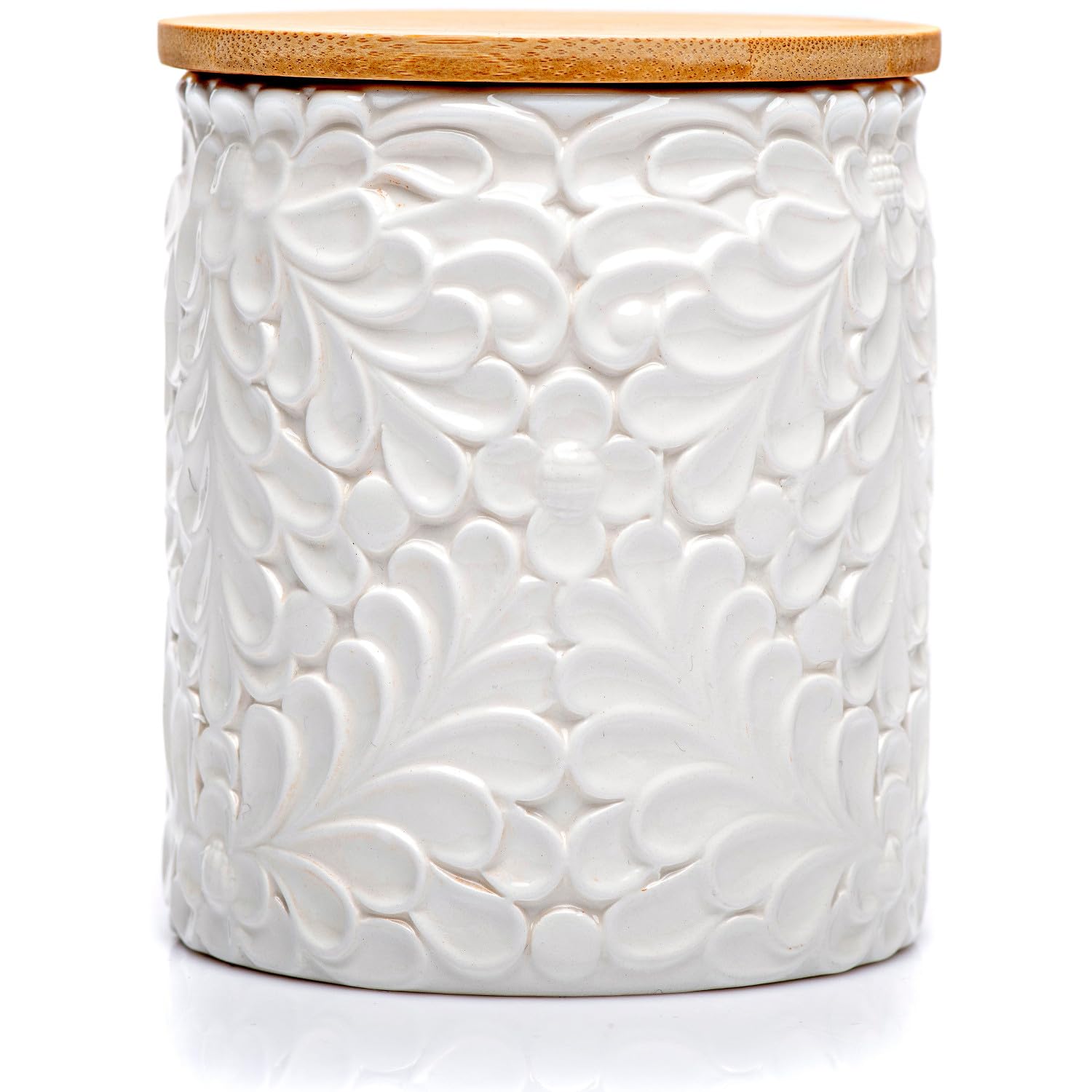 Small Engraved Ceramic Kitchen Canister - Storage Jars with Airtight Lids Made from Bamboo with Nature-Inspired Engraving - Use as a Pasta Holder, Coffee Ground Holder, Rice Container - 30 Ounces