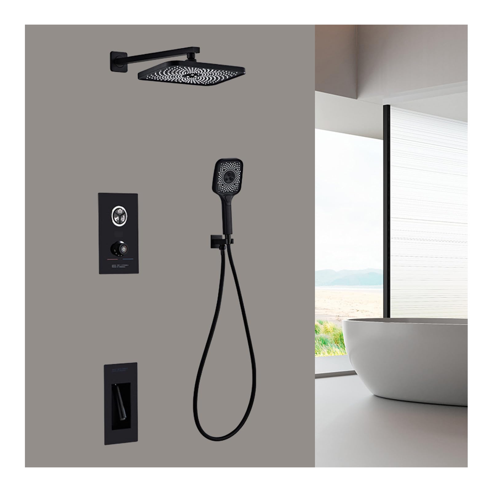 Rain Shower System, Black Bathroom Shower Faucet Set Digital Display Shower Fixtures 3 Functions Shower Kit with Valve and 3 Modes Handheld Shower Head, Swivel Faucet