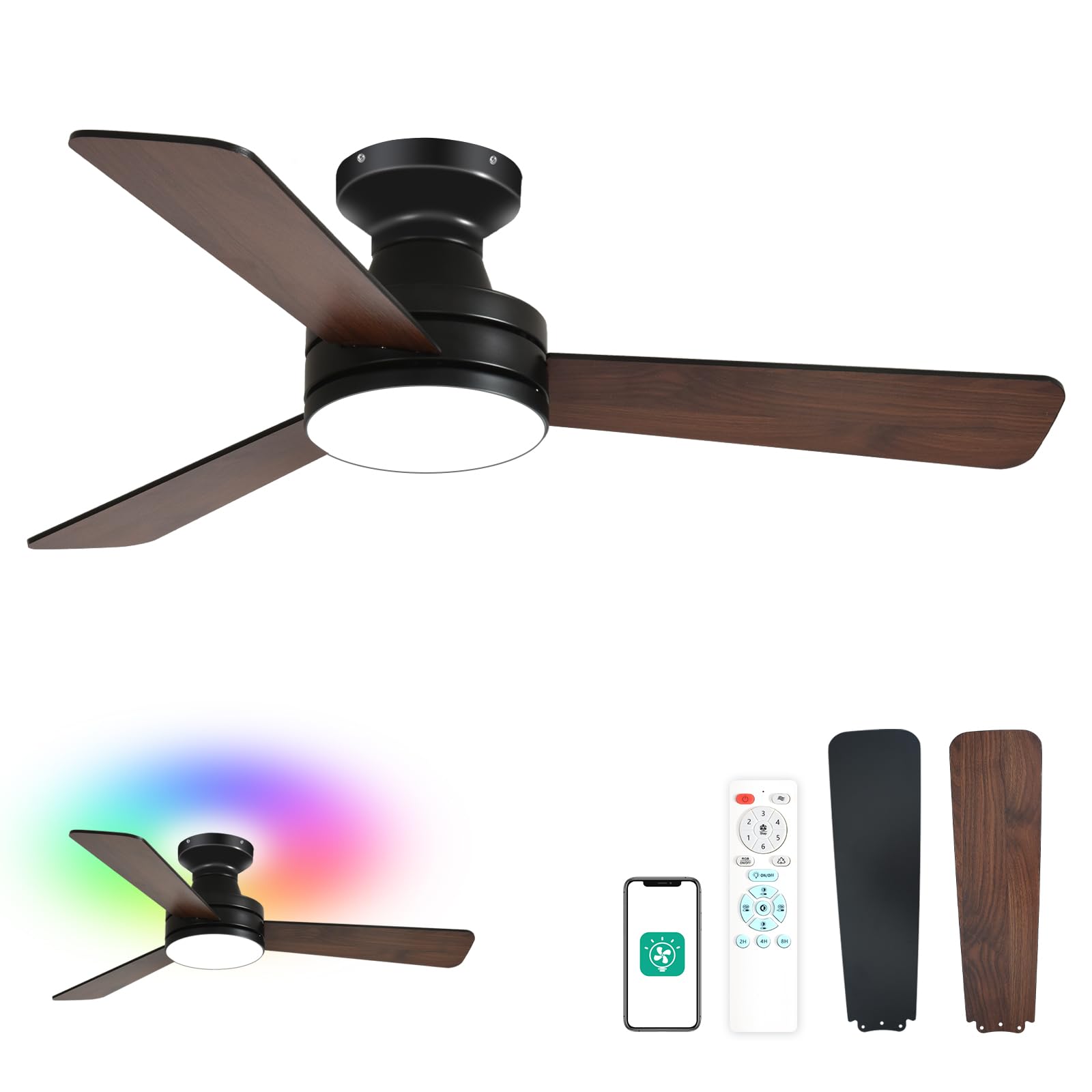 Orison Ceiling Fans with Lights 42 Inch, Low Profile Flush Mount Ceiling Fan, RGB Backlight & Dimmable Lighting, Remote & App Control, 6 Speeds, 3 Reversible Blades, Black/Wood