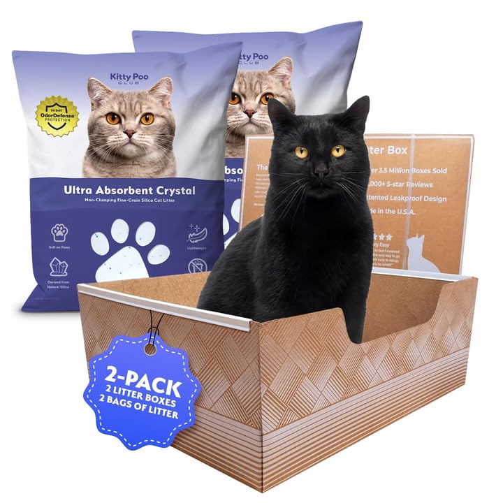 Kitty Poo Club Disposable Cat Litter Box 2-Pack with 2 Bags Fine-Grain Silica Litter (6 lbs Each), Patented Leak-Proof Design, 2 Months Odor Control, Made in USA, Perfect for Travel & Multi-Cat Homes