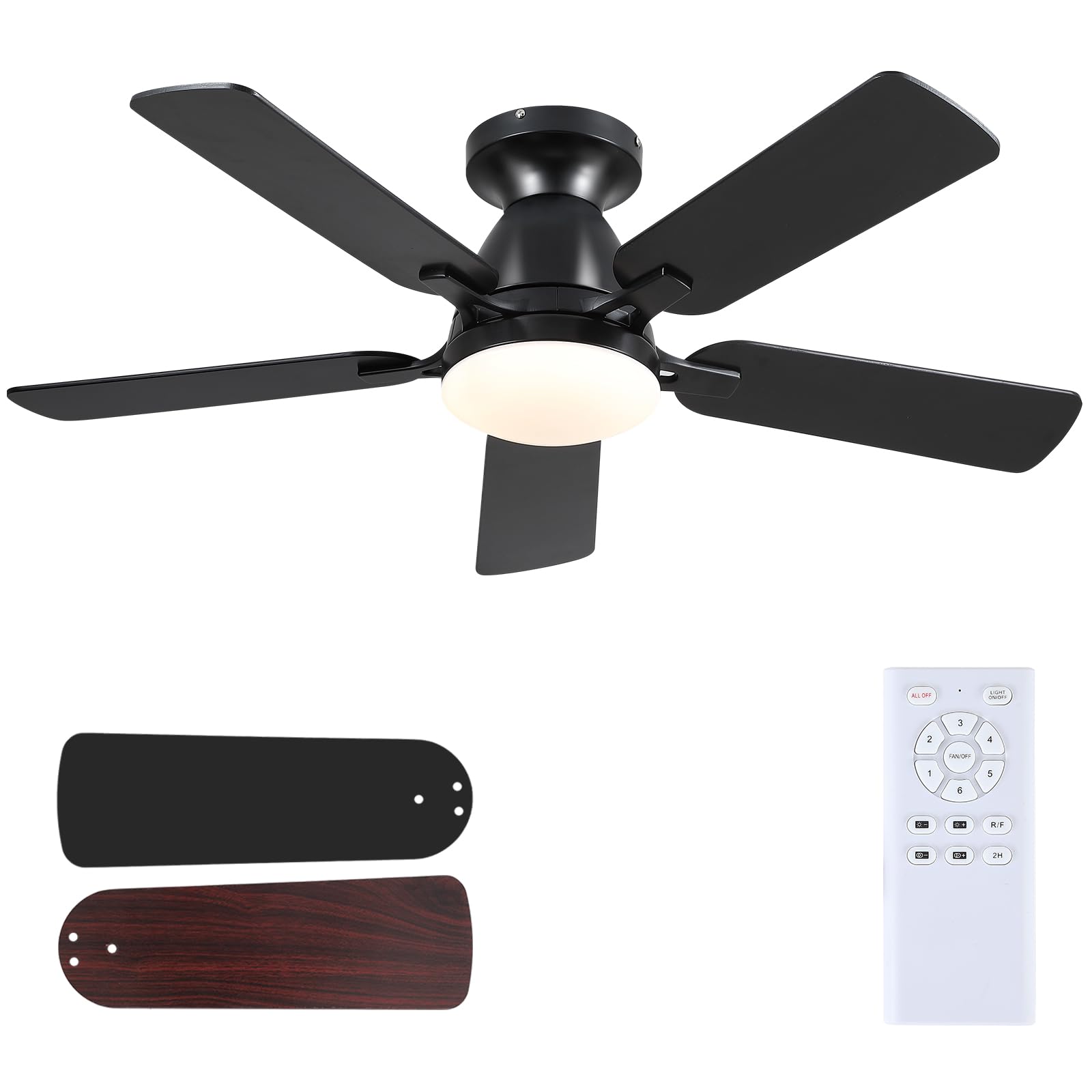 Mpayel 46 Inch Ceiling Fans with Lights and Remote, Black Ceiling Fan with Light Flush Mount, Low Noise, Reversible, Dimmable, Modern Low Profile Ceiling Fan with Light for Bedroom Indoor Outdoor