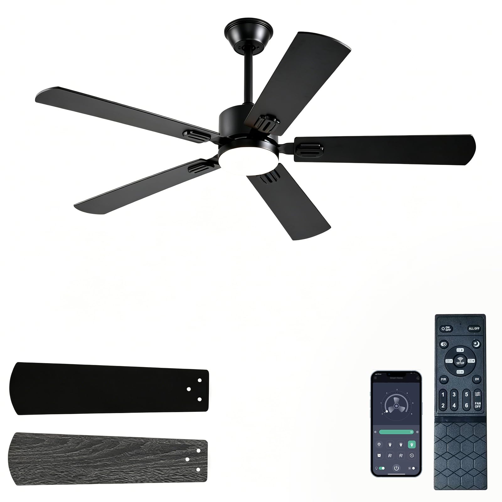 FUMLTP 52 inch Modern Ceiling Fans with Lights APP/Remote Control, Low Profile Reversible 6 Speeds Ceiling Fan Light for Indoor/Outdoor Patio Bedroom Living Room,Black
