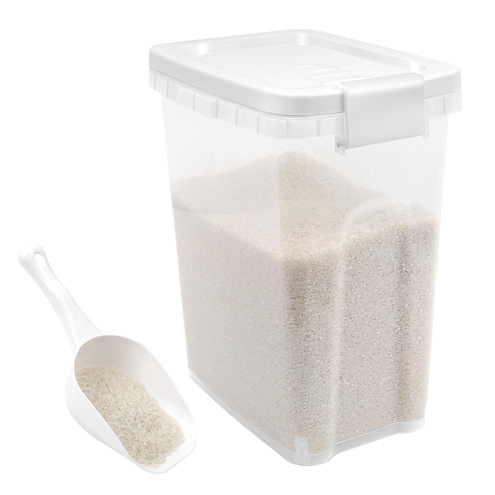 Tight-Lock Rice Container 10-15 Lbs - Airtight Flour Container with Scoop - Food-Grade Plastic Food Storage Container for Cereal, Sugar - Dry Food Dispenser for Kitchen, Pantry Organizers and Storage