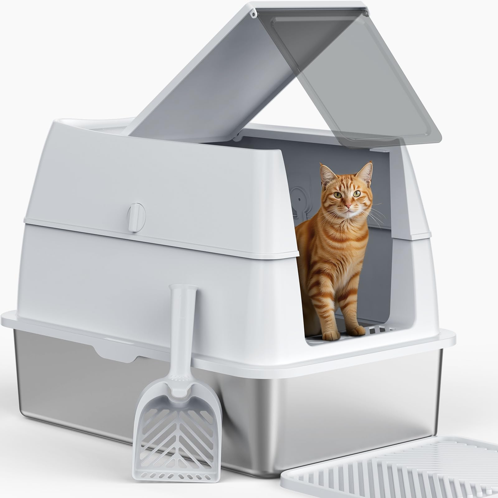 XL Extra Large Stainless Steel Litter Box with Lid, Metal Cat Litter Boxes for Big Cats Enclosed, Metal Litter Box with Litter Scoop Set, Non-Sticky, Anti-Urine Leakage, 24"*16"*18", Silver Gary