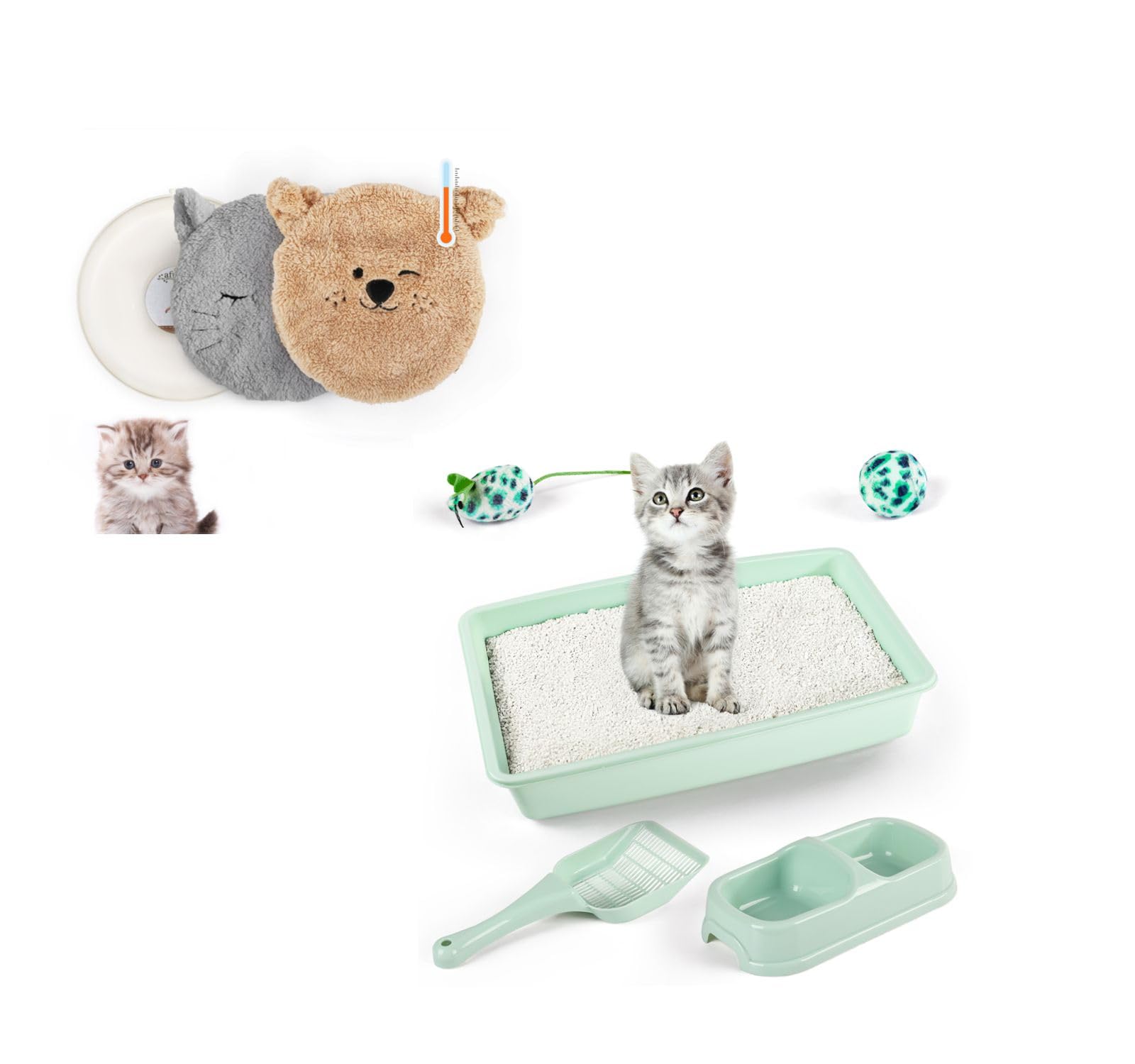 Green Cat Litter Box Set, Small Cat Kitten Starter Kit with Litter Scoop, Cat Bowl, Kittens Toy; Heated Cat Bed Indoor, Microwavable Heating Pads for Cats with 2 Cozy Covers