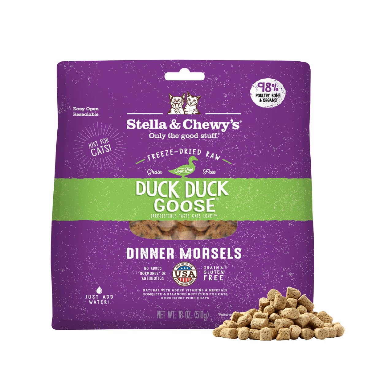 Stella & Chewy's Freeze-Dried Raw Cat Dinner Morsels - Premium Duck & Goose Recipe with 98% Cage-Free Poultry & Organs - Natural Grain-Free Cat & Kitten Food - Made in USA - 18 oz