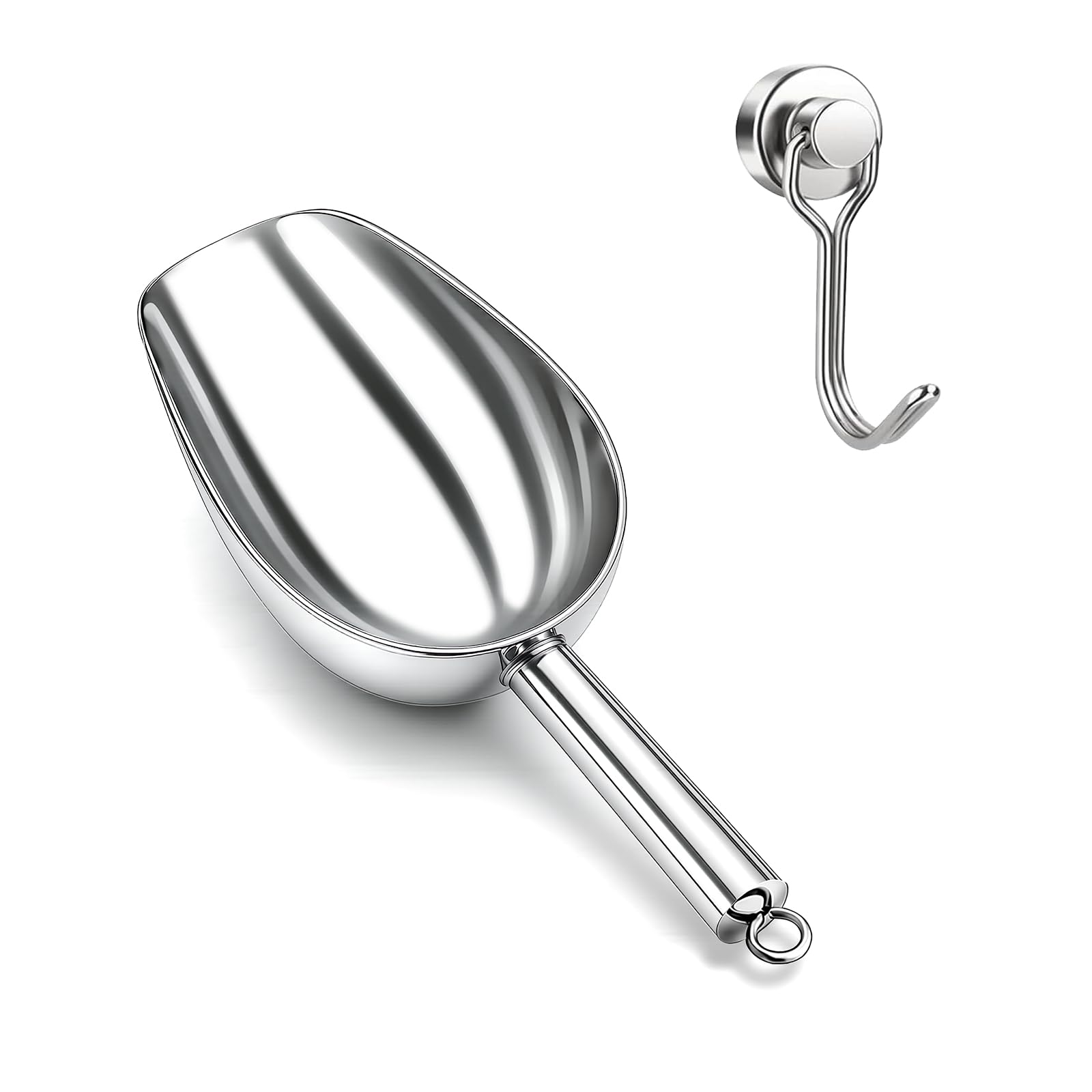 Wapodeai 6oz Stainless Steel Ice Scoop for Freezer with Magnetic Hook Holder, Metal Ice Scoop for Ice Maker Machines, Buckets, for Kitchen/Bar/Party & Wedding Accessories, Dishwasher Safe